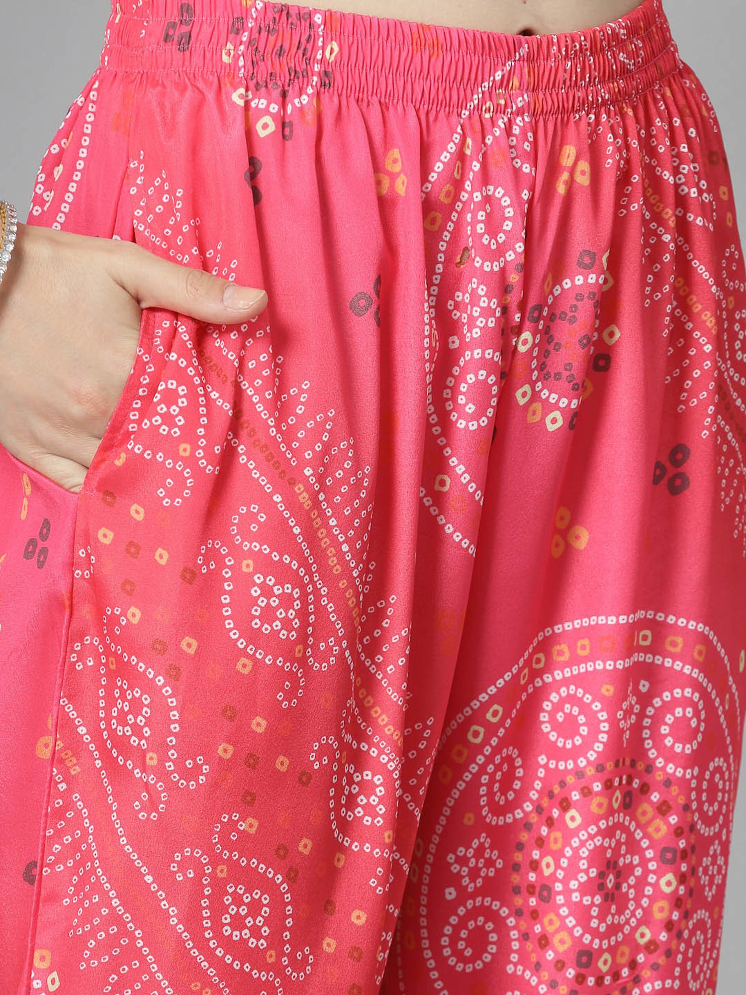 Stylum Pink Satin Bandhani Print Kurti Pant Set