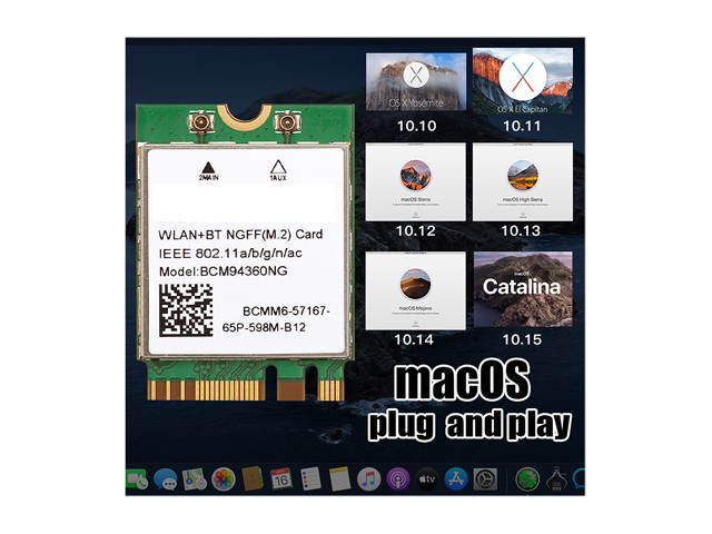 Plug & Play Hackintosh macOS M.2 NGFF BCM94360NG Wifi 802.11ac Bluetooth 4.0 Network Card Support Handoff & Airdrop & Continuity Wireless 2.4G/5Ghz 1200Mbps for PC Laptop Better BCM94352Z DW1560