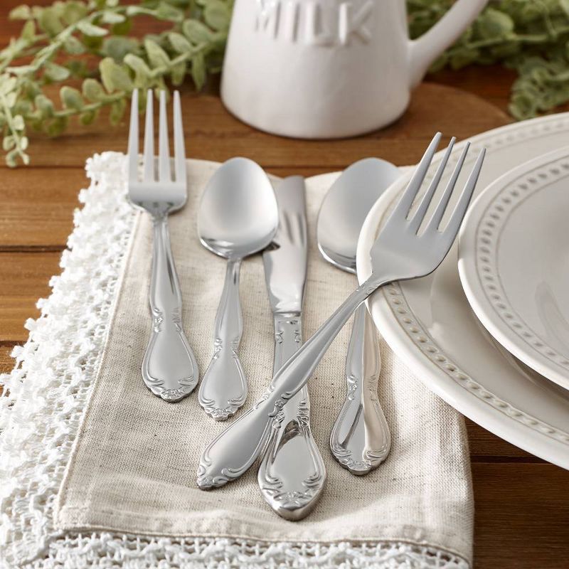 RiverRidge 46pc Silverware Set Rose Pattern Silver Finish