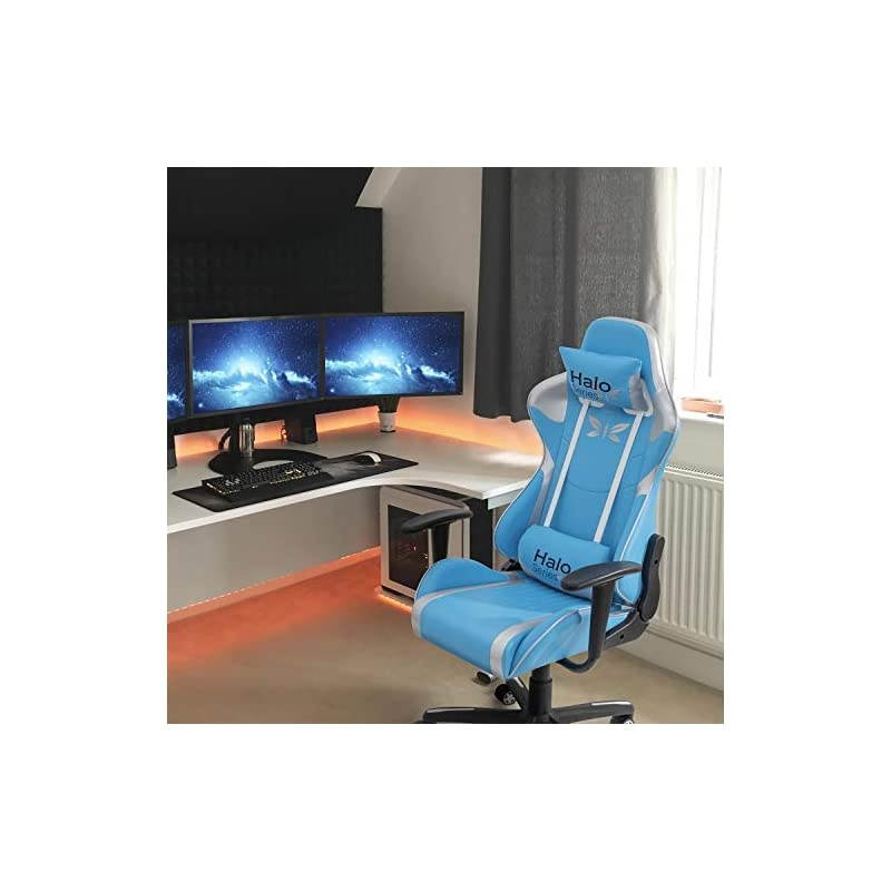 Gaming Chair Adjustable Racing Chair Halo Series Specialty Design Ergonomic Comfortable Swivel Computer Chair with Headrest and Lumbar Support (Blue and Plum red)