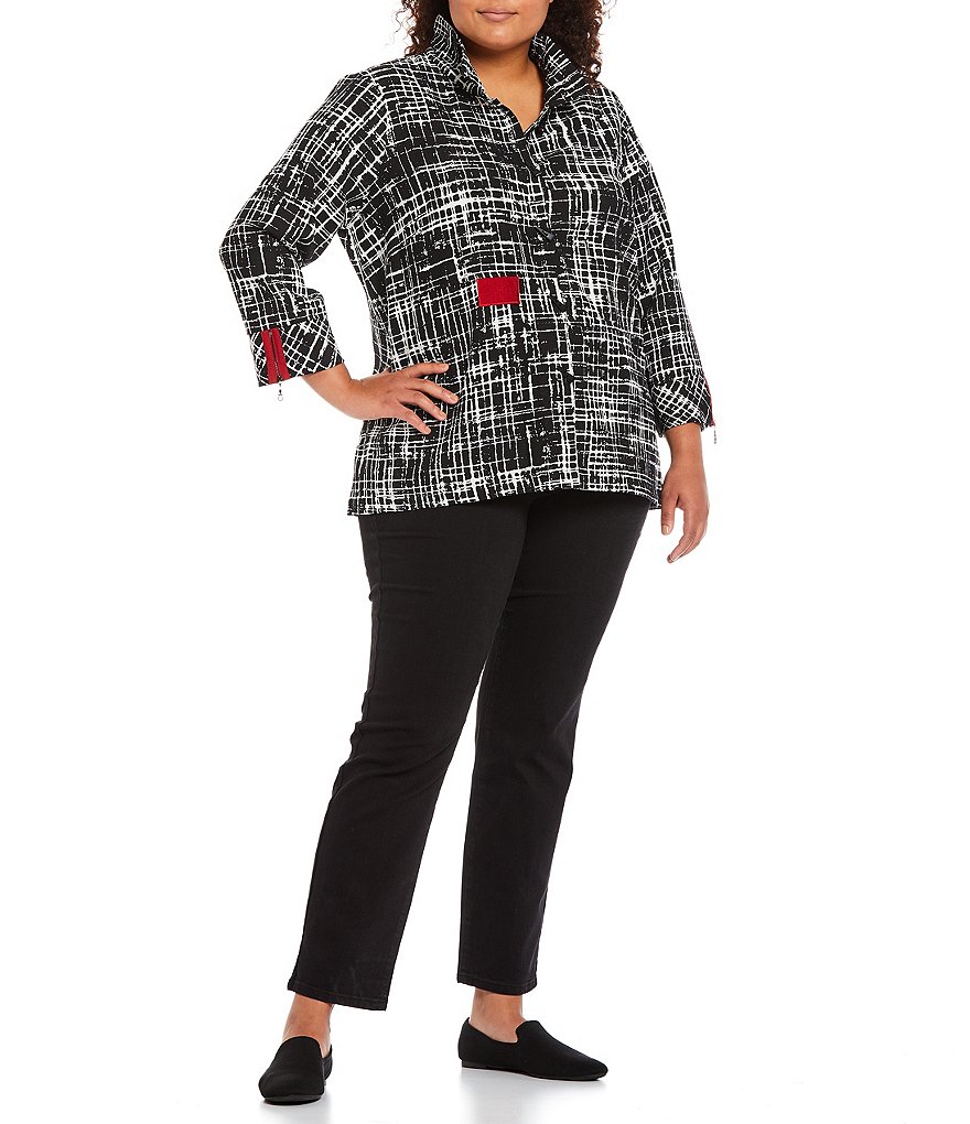 Ali Miles Plus Size 3/4 Zip Cuff Sleeve Printed Point Collar Jacket