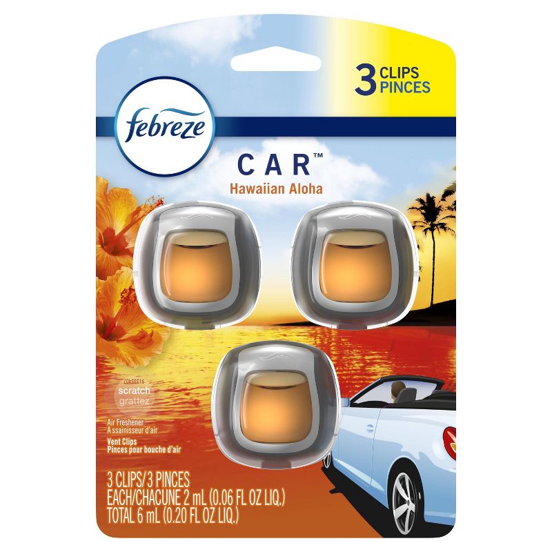 Febreze Car Odor-Eliminating Car Freshener Vent Clip Hawaiian Aloha Scent - 3ct