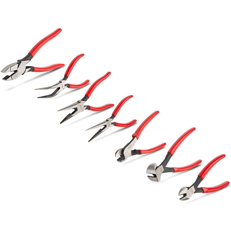 TEKTON PLR99010-D Complete 7 Piece Riveted Solid Joint Cutting Grip Plier Set, Long Nose, Diagonal Cutting, End Cutting, Cable Cutting, Lineman's, Red