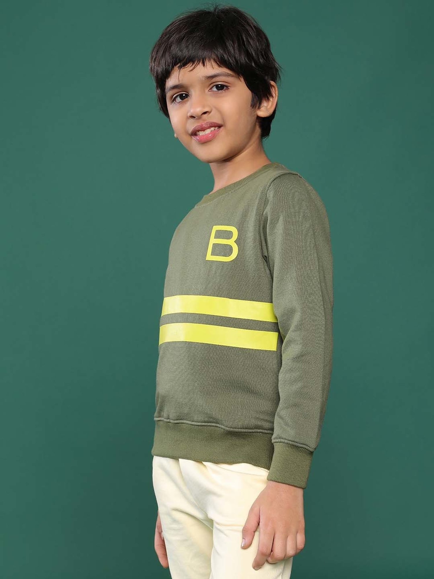 Tales & Stories Kids Olive Cotton Striped Full Sleeves Sweatshirt