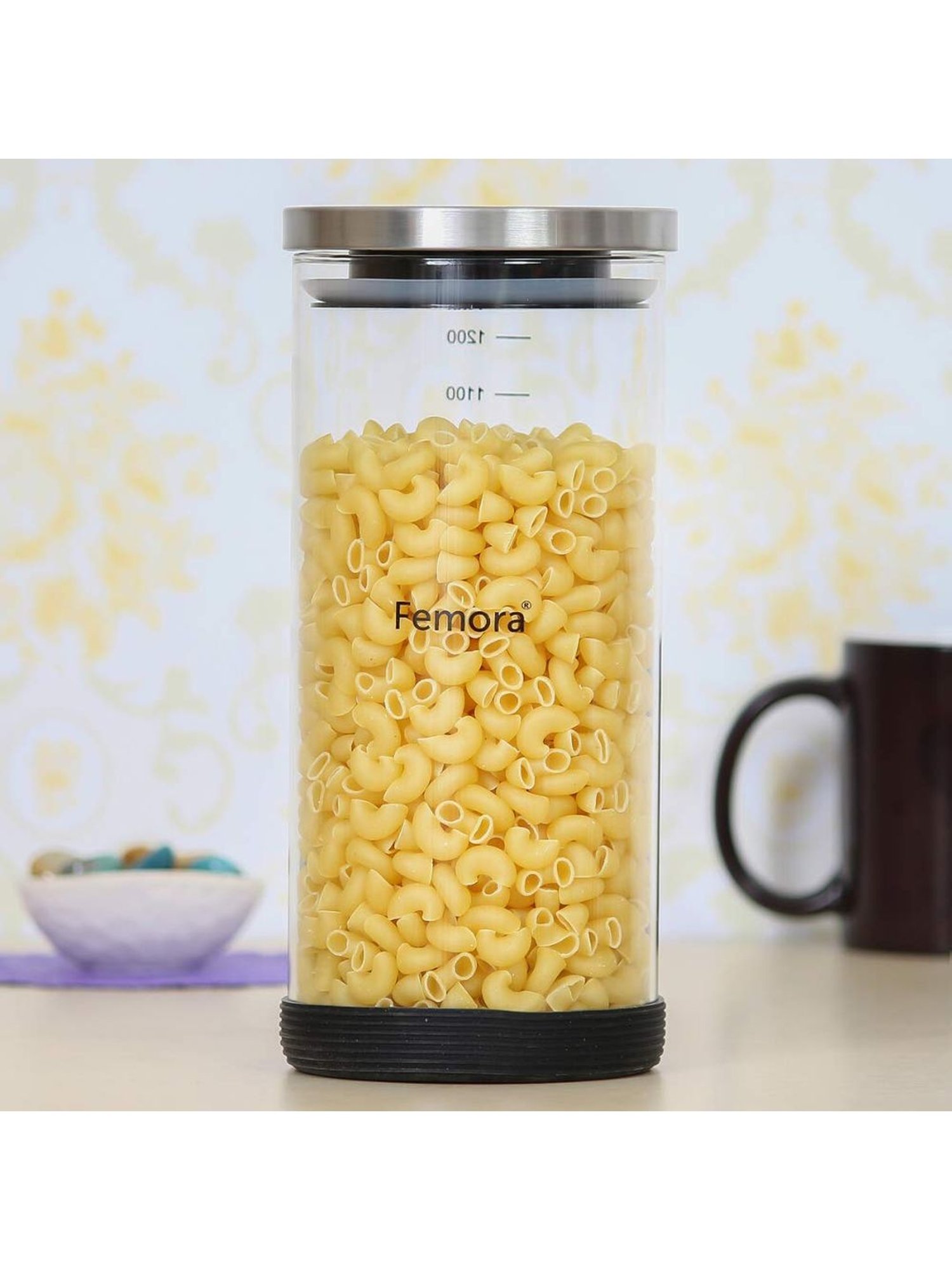 Femora Borosilicate Glass Storage Jar with Steel Lid (1300 ml) - Set of 1