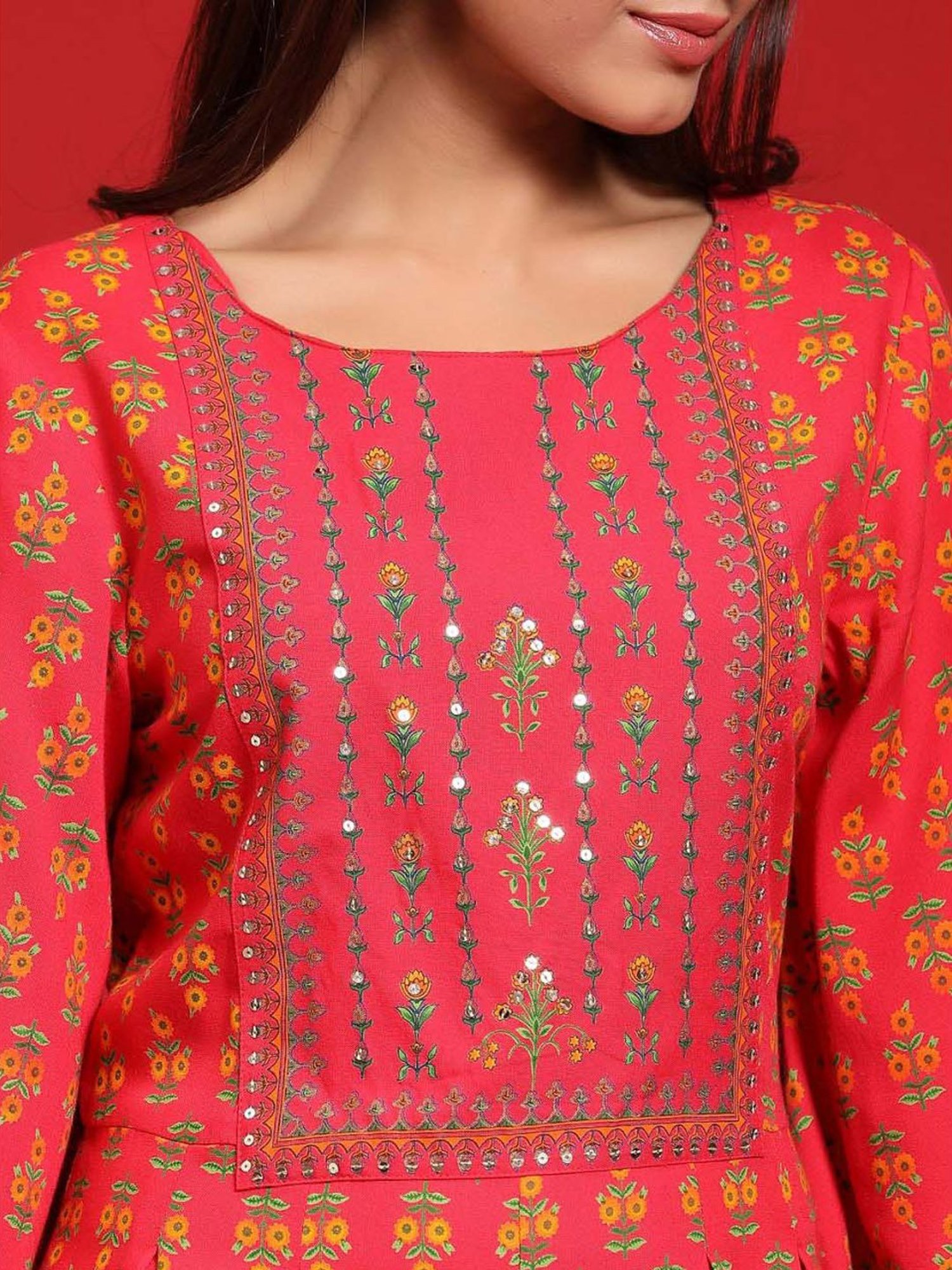 Juniper Coral Ethnic Motif Printed Rayon Flared Jumpsuit