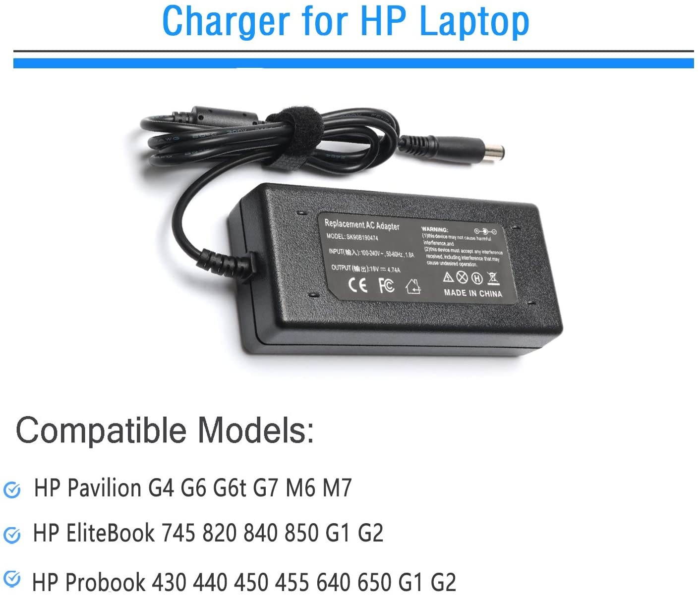 90W Laptop Adapter Charger for HP Pavilion Dv4 Dv6 Dv7 G50 G60 G60T G61 G62 G72 2000 Presario 2210B 2510P CQ40 CQ45 Cq50 Cq57 Cq58 Cq60 Cq61 Cq62 Power Supply Cord