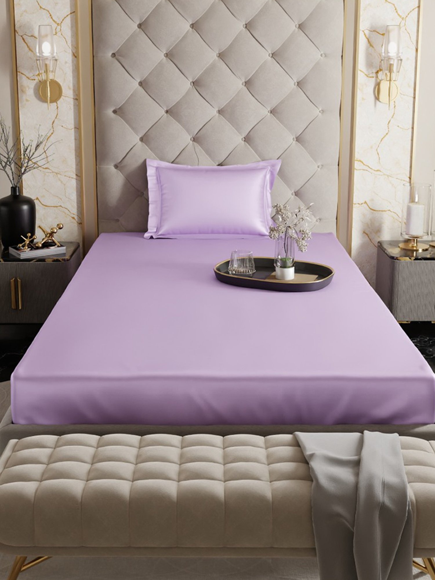 Stoa Paris Lilac Polyester 300 TC Date Night Single Fitted Bedsheet With Pillow Cover