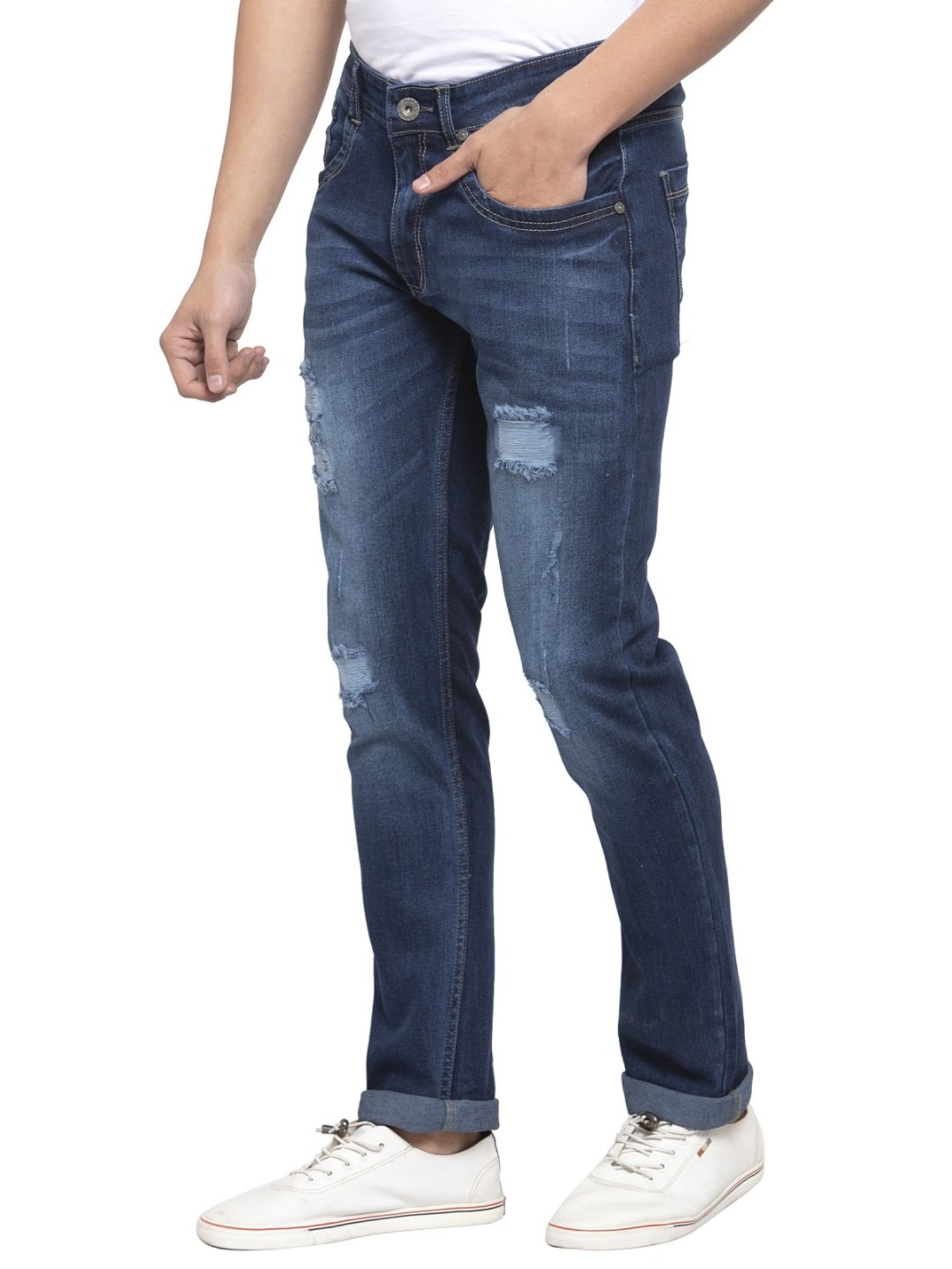 Allen Cooper Blue Regular Fit Distressed Jeans