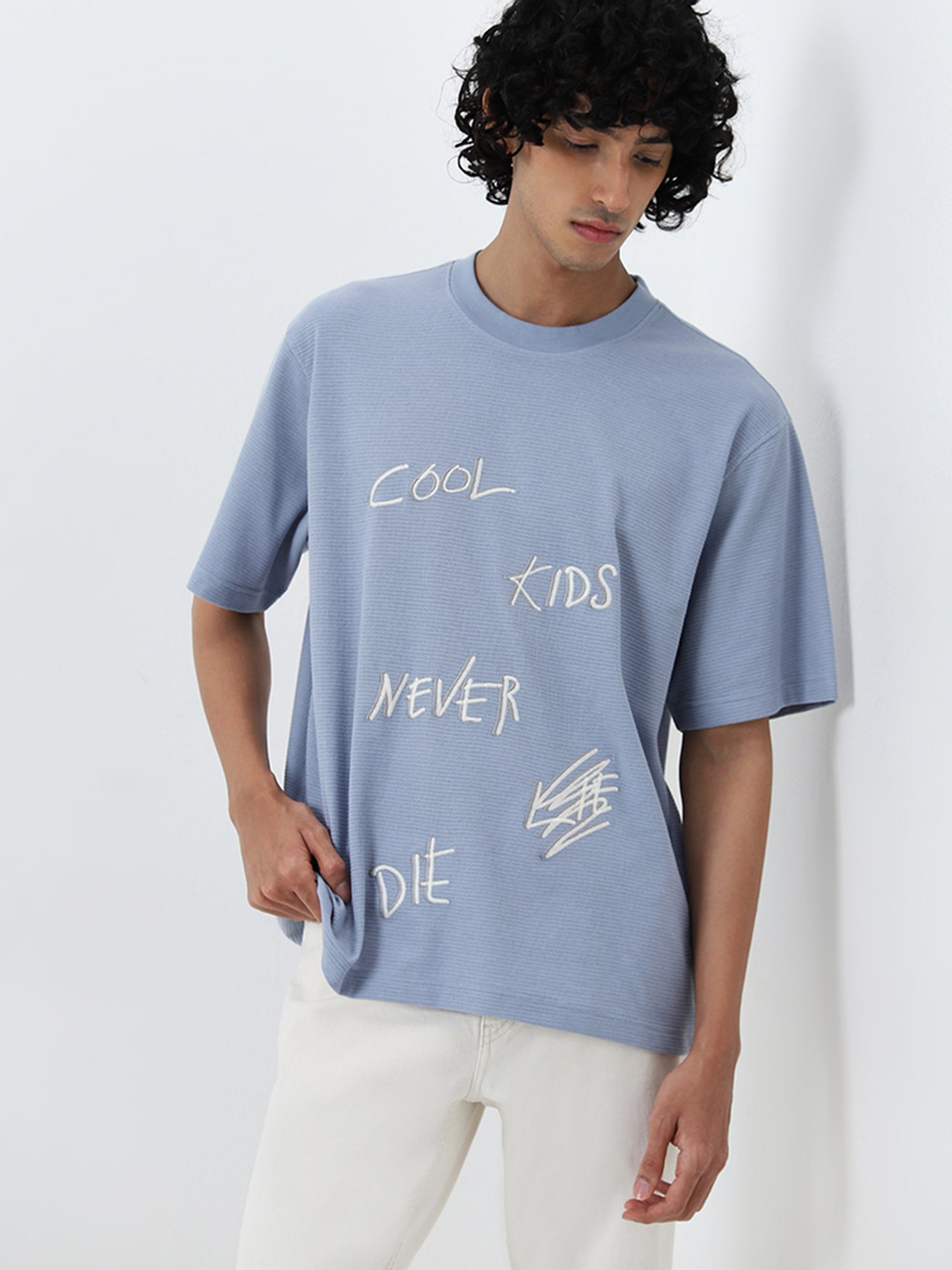 Nuon by Westside Blue Text Printed Relaxed T-Shirt