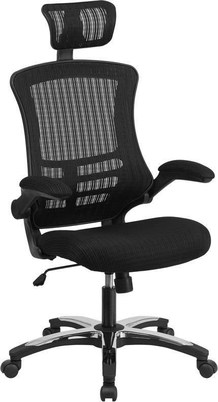 High-Back Black Mesh Swivel Ergonomic Executive Office Chair with Flip-Up Arms and Adjustable Headrest, BIFMA Certified