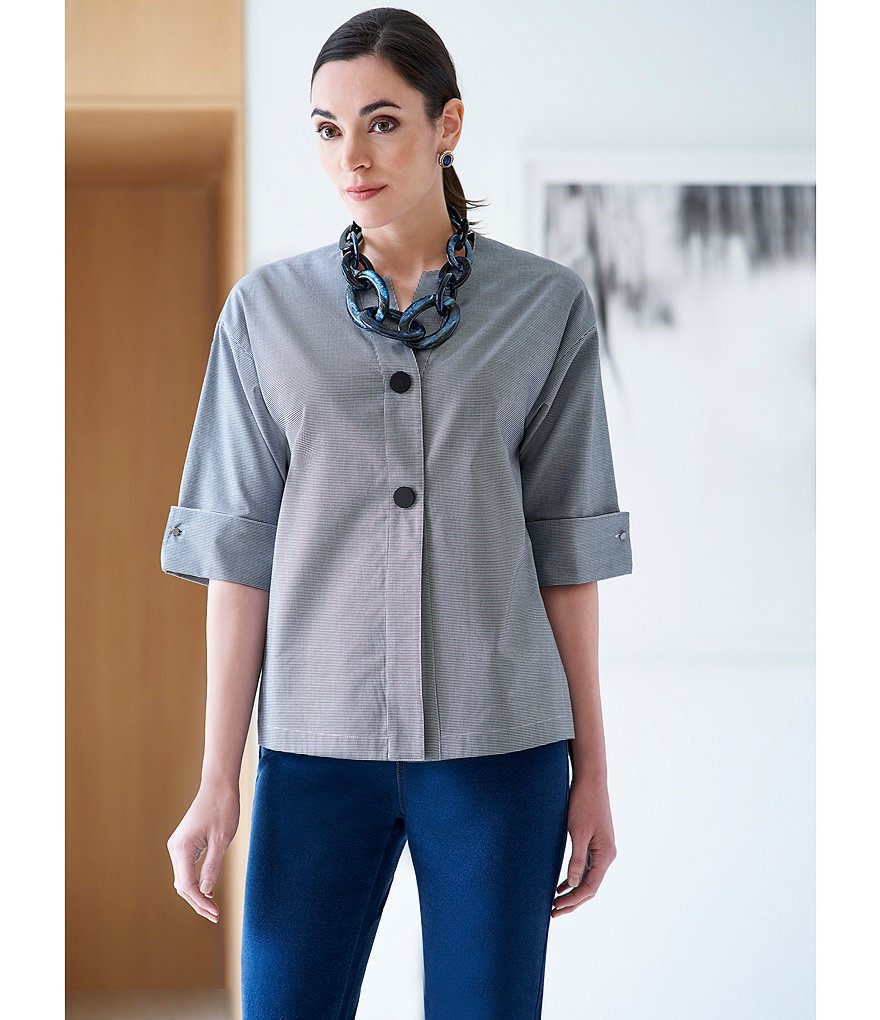 Ming Wang 3/4 Sleeve Mini Checkered Two Snap Jacket