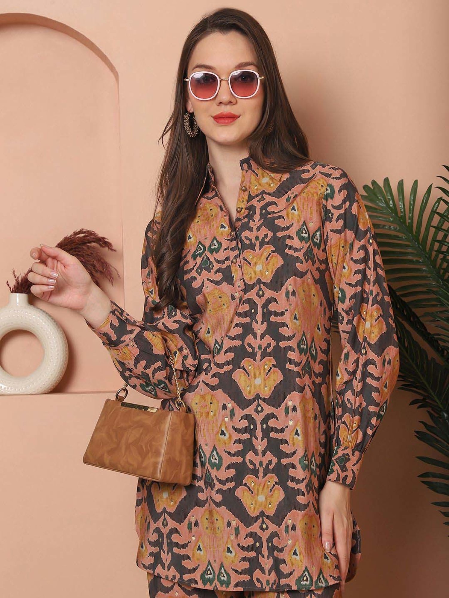 Claura Peach & Brown Printed Top Salwar Set