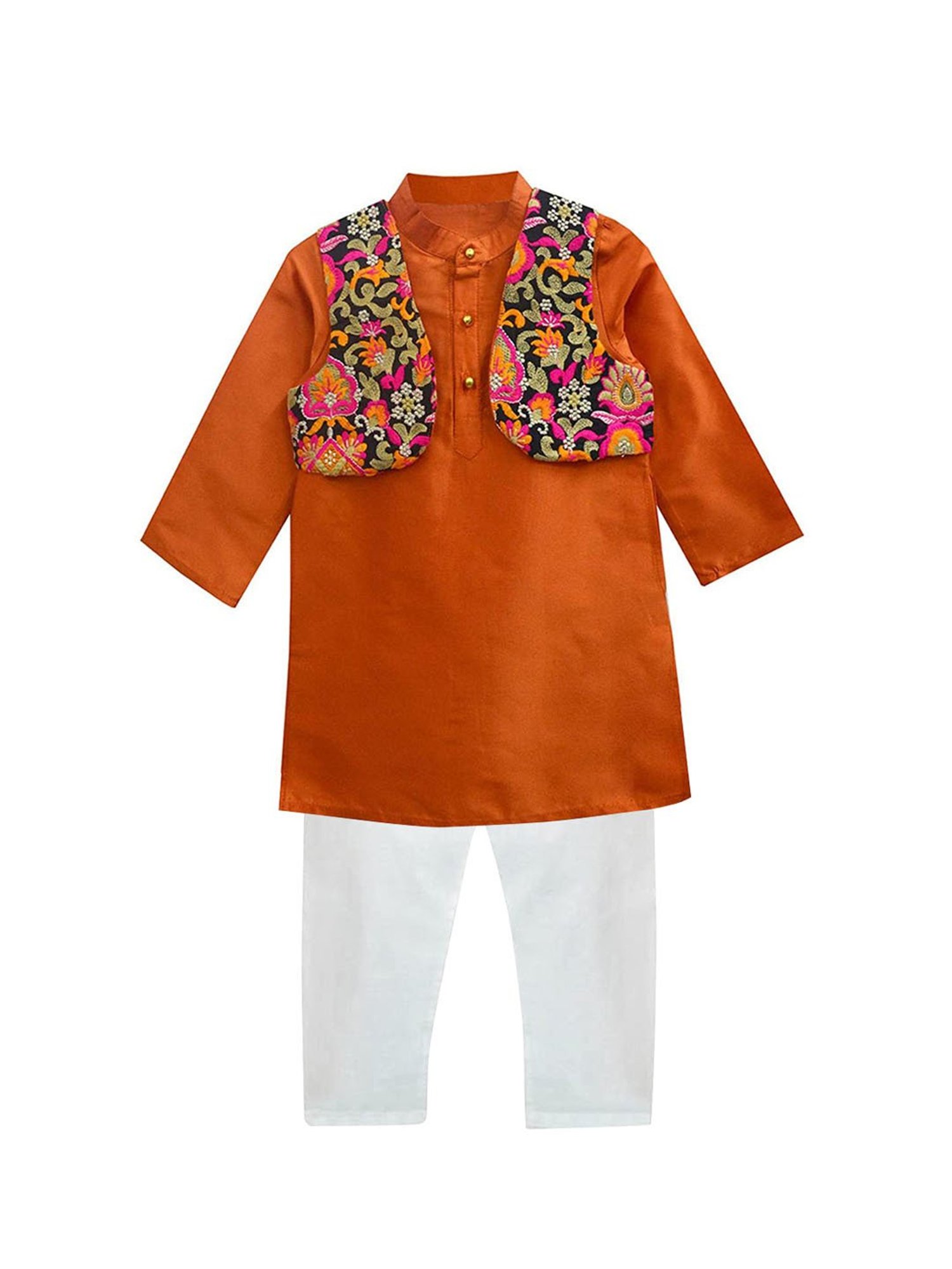 A.T.U.N. Orange & White Embroidered Full Sleeves Kurta with Jacket & Pyjamas