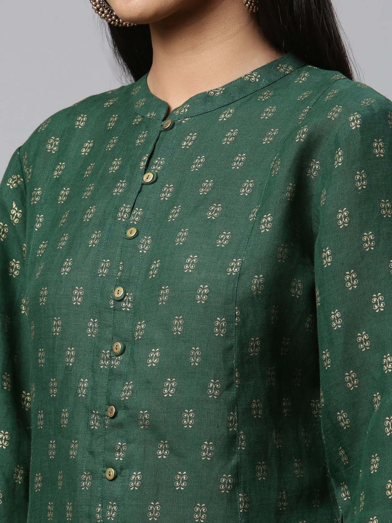 Linen Club Woman Green Linen Printed A Line Kurta