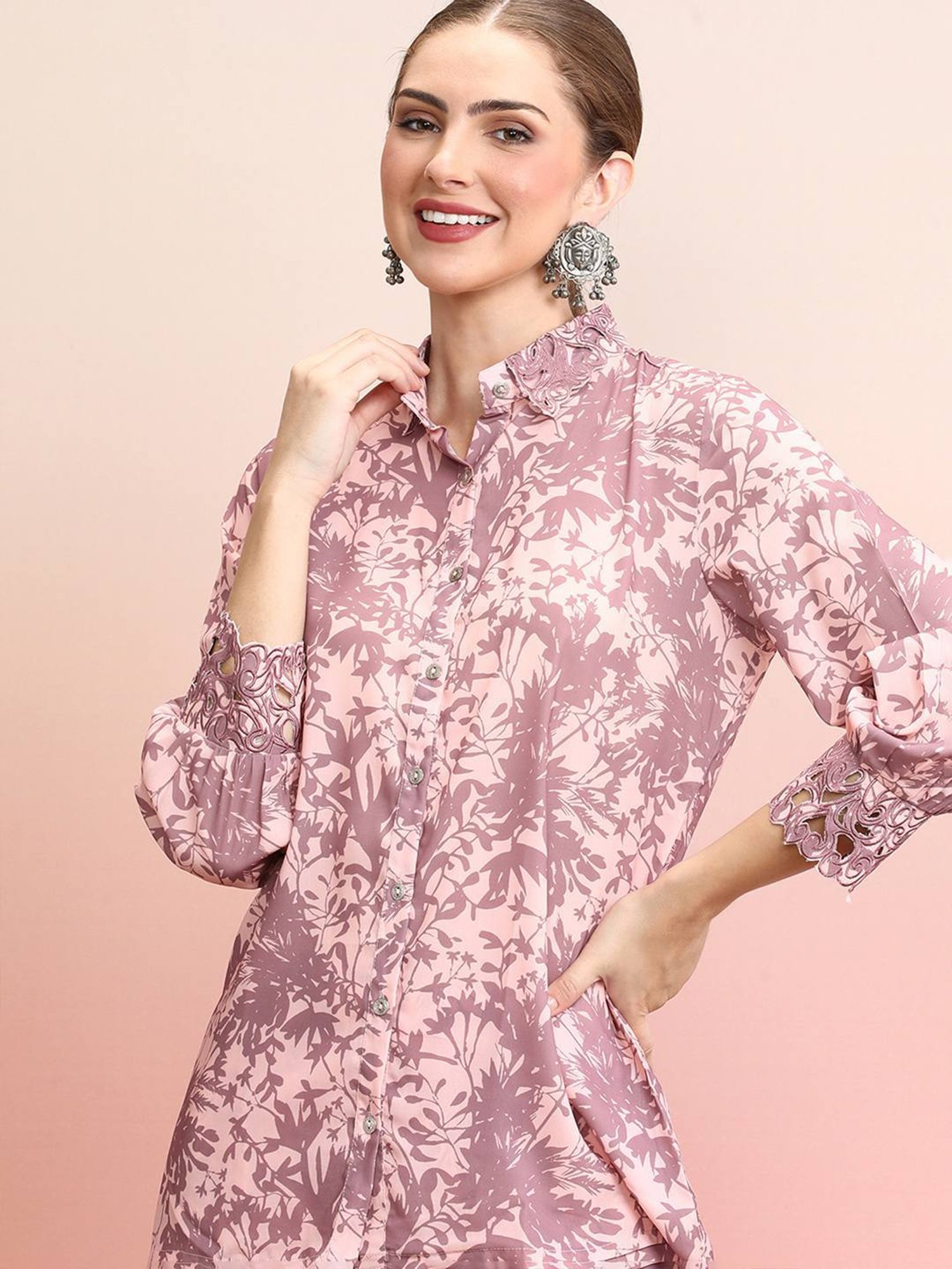 Indo Era Purple Floral Print Shirt Palazzo Set