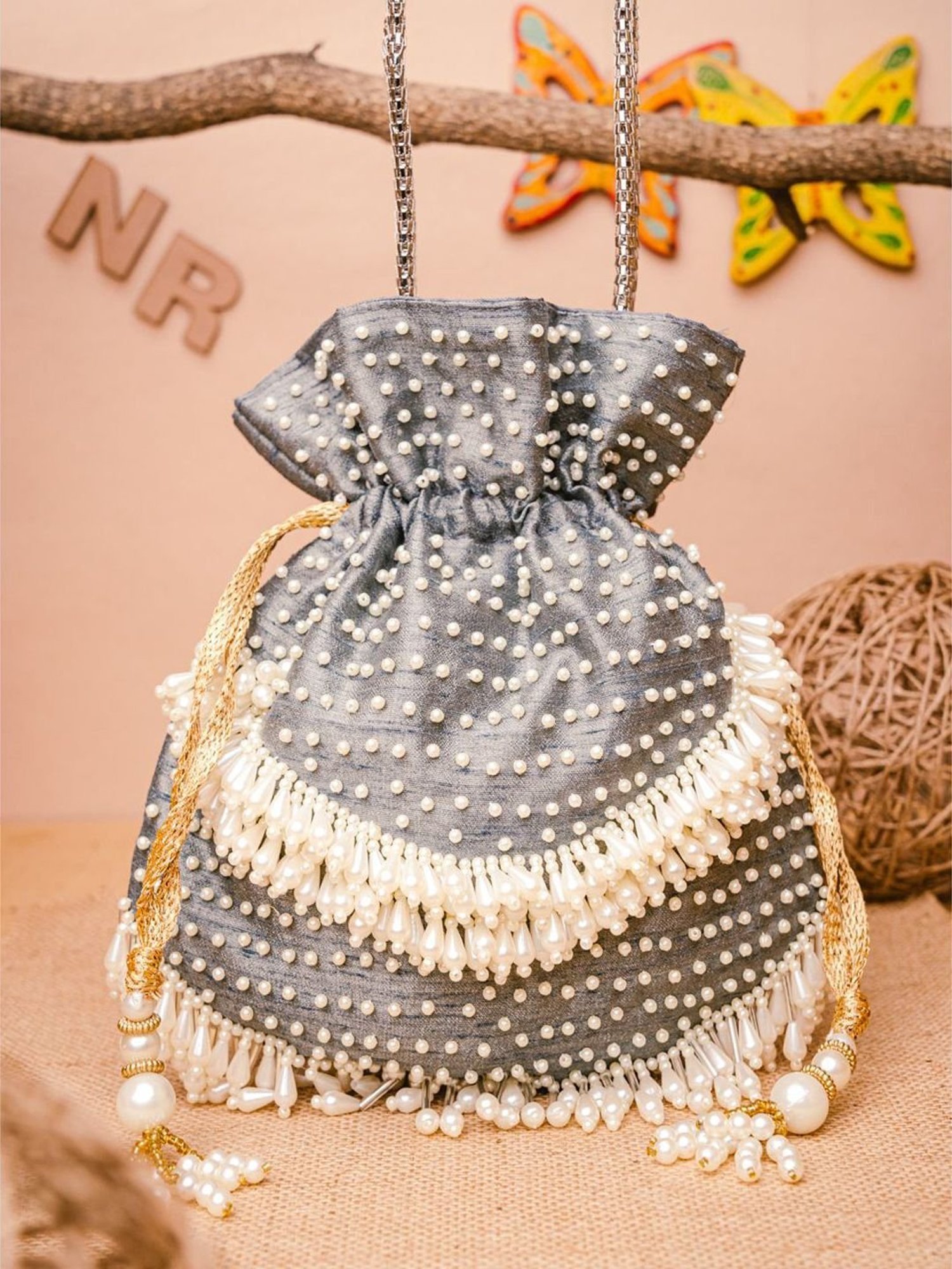 NR by Nidhi Rathi Grey Embellished Potli