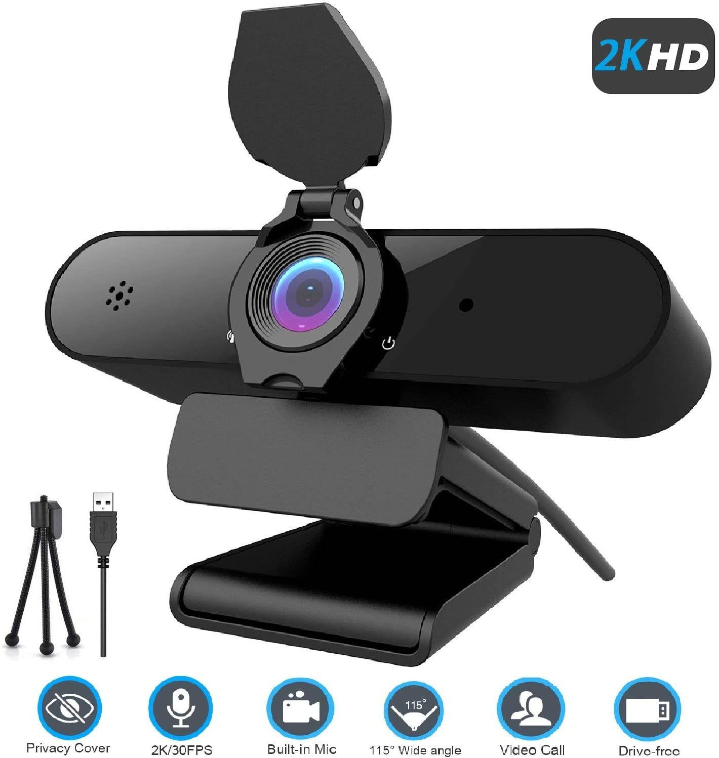 Webcam with Microphone,2K Full HD Webcam with Privacy Protection Webcams Suitable for Video Conference Calls and Online Course Learning Comes with a Tripod, Out of The Box