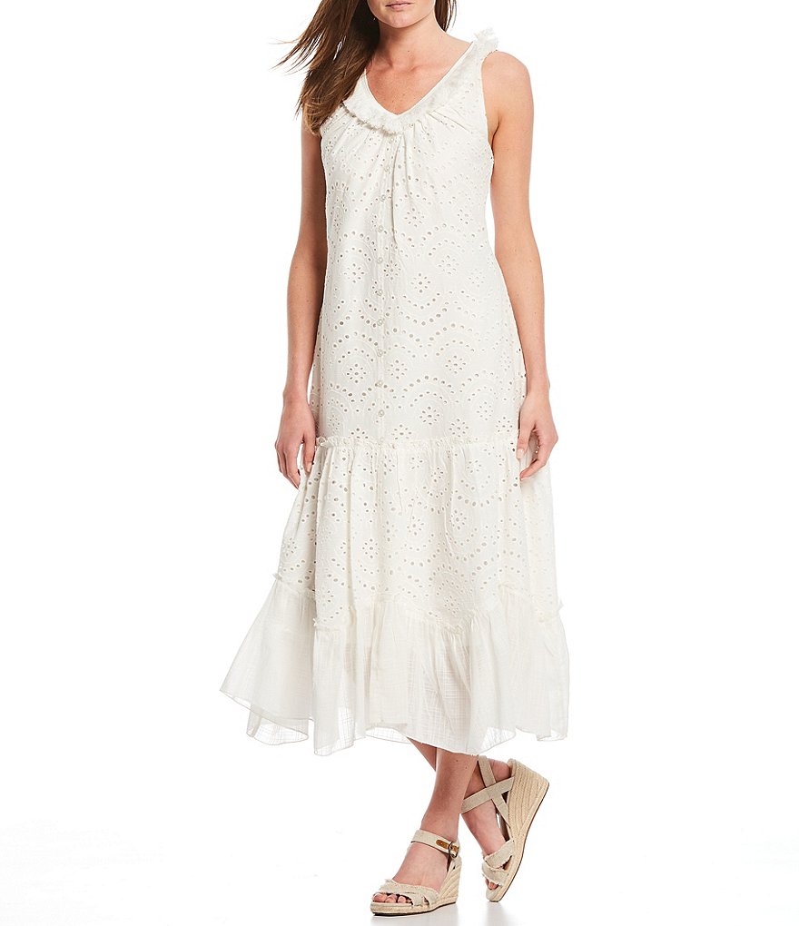 Reba Embroidered Eyelet Handkerchief Flounce Hem Sleeveless Midi Dress
