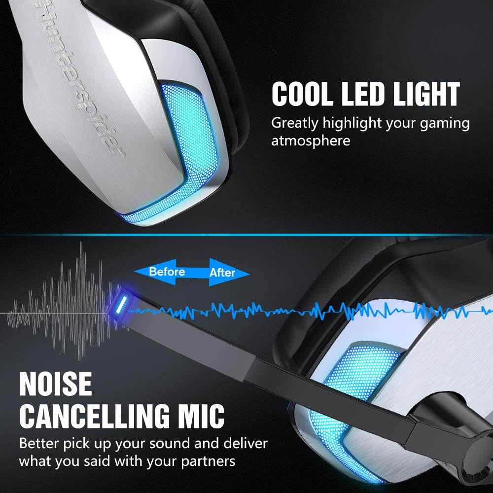 For Xbox One PS4 PC Controller V-4 Gaming Headset Headphone Noise Cancelling Over Ear Comfort Wired Headphones with flexibile Mic LED Light Bass Surround Soft Memory Earmuffs For Nintendo Switch PS5
