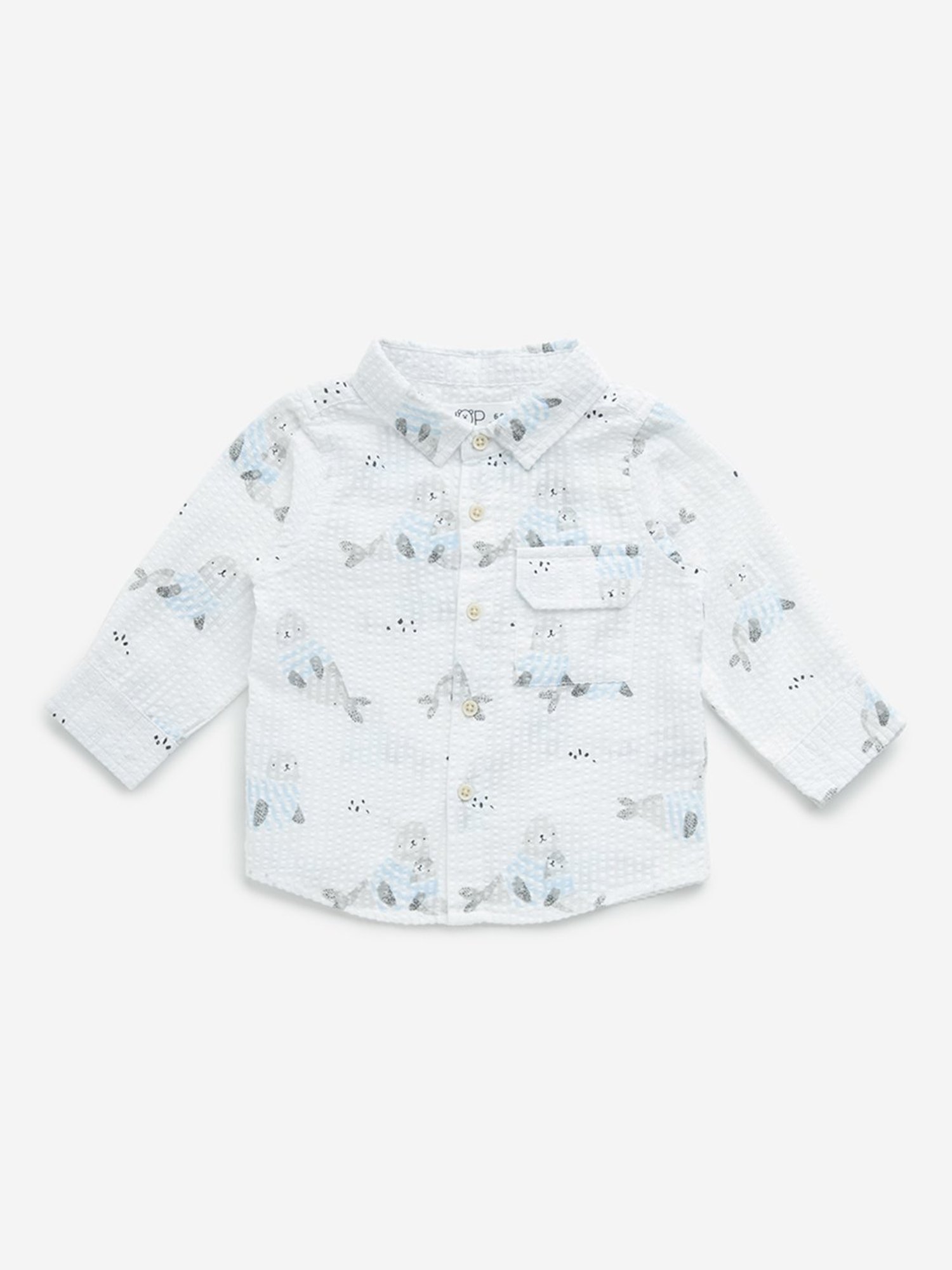 HOP Baby by Westside White Animal Printed Seersucker Cotton Shirt