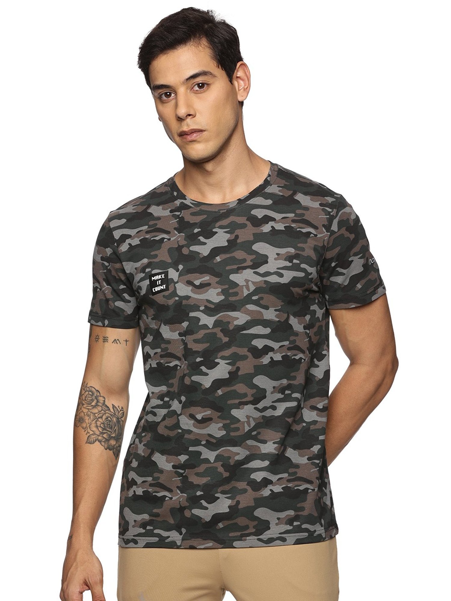 DOMIN8 Men Cotton Regular Fit Round Neck Camouflage Green Sports T-Shirt