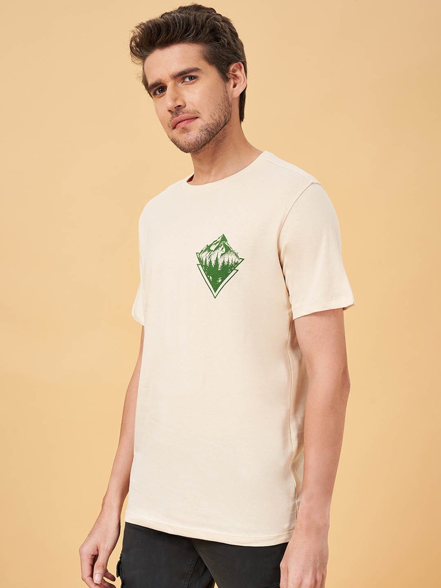 Urban Ranger by Pantaloons Beige Cotton Slim Fit Printed T-Shirt