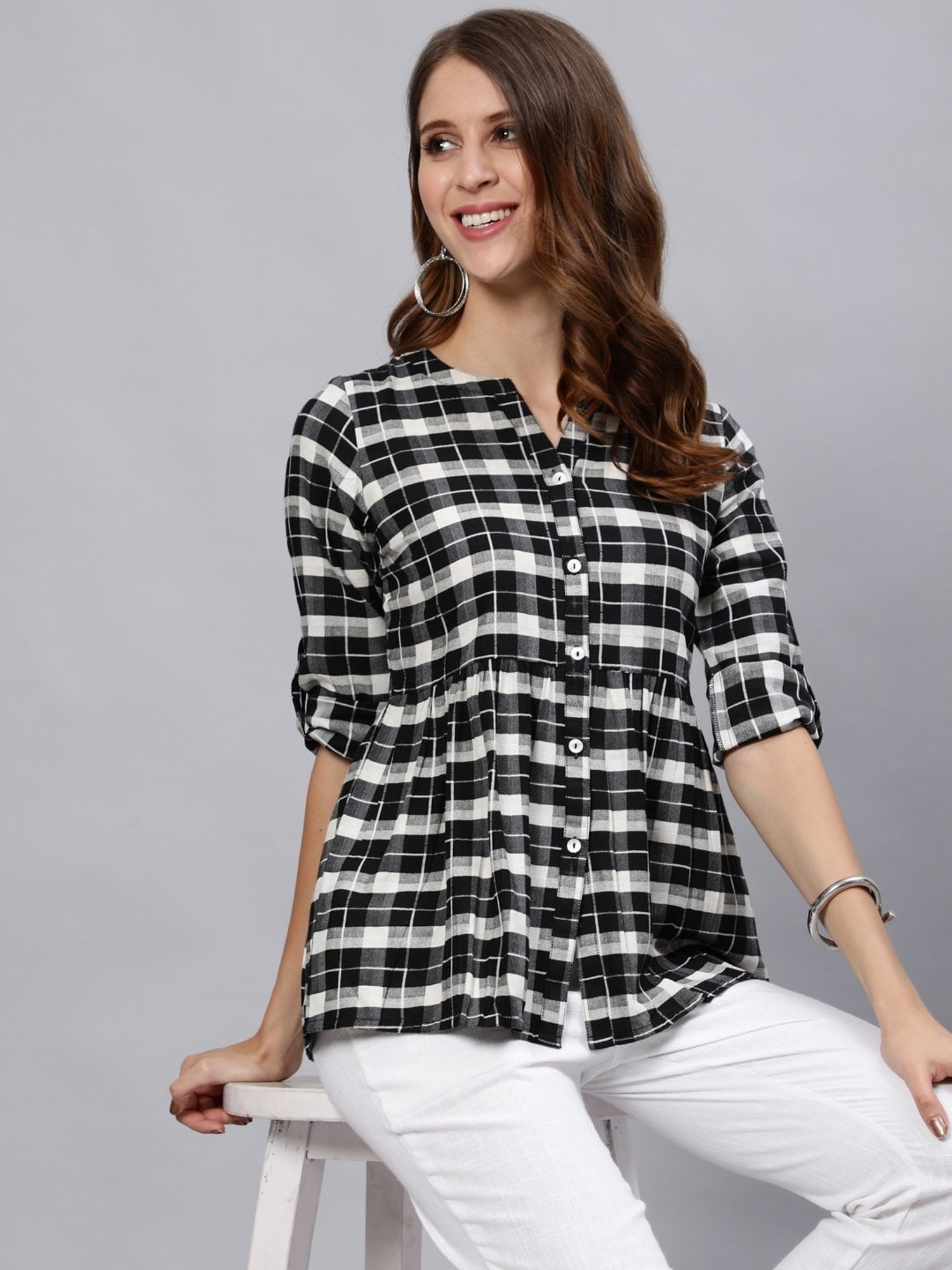 Jaipur Kurti Black & White Checked Top