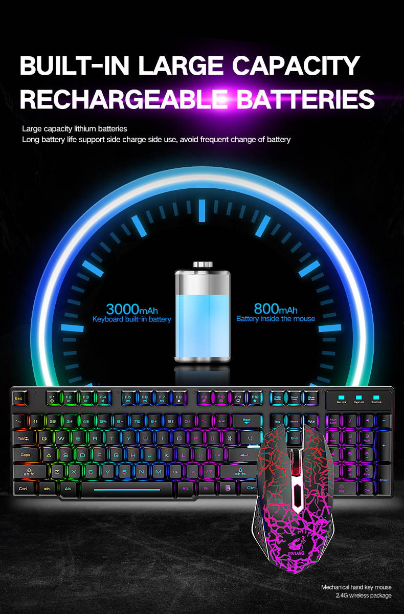 Rainbow Backlit Wireless Gaming Keyboard and Mouse Set, Rechargeable Waterproof Mechanical Feel Keyboard and Gaming Mouse for Gamer Laptop PC