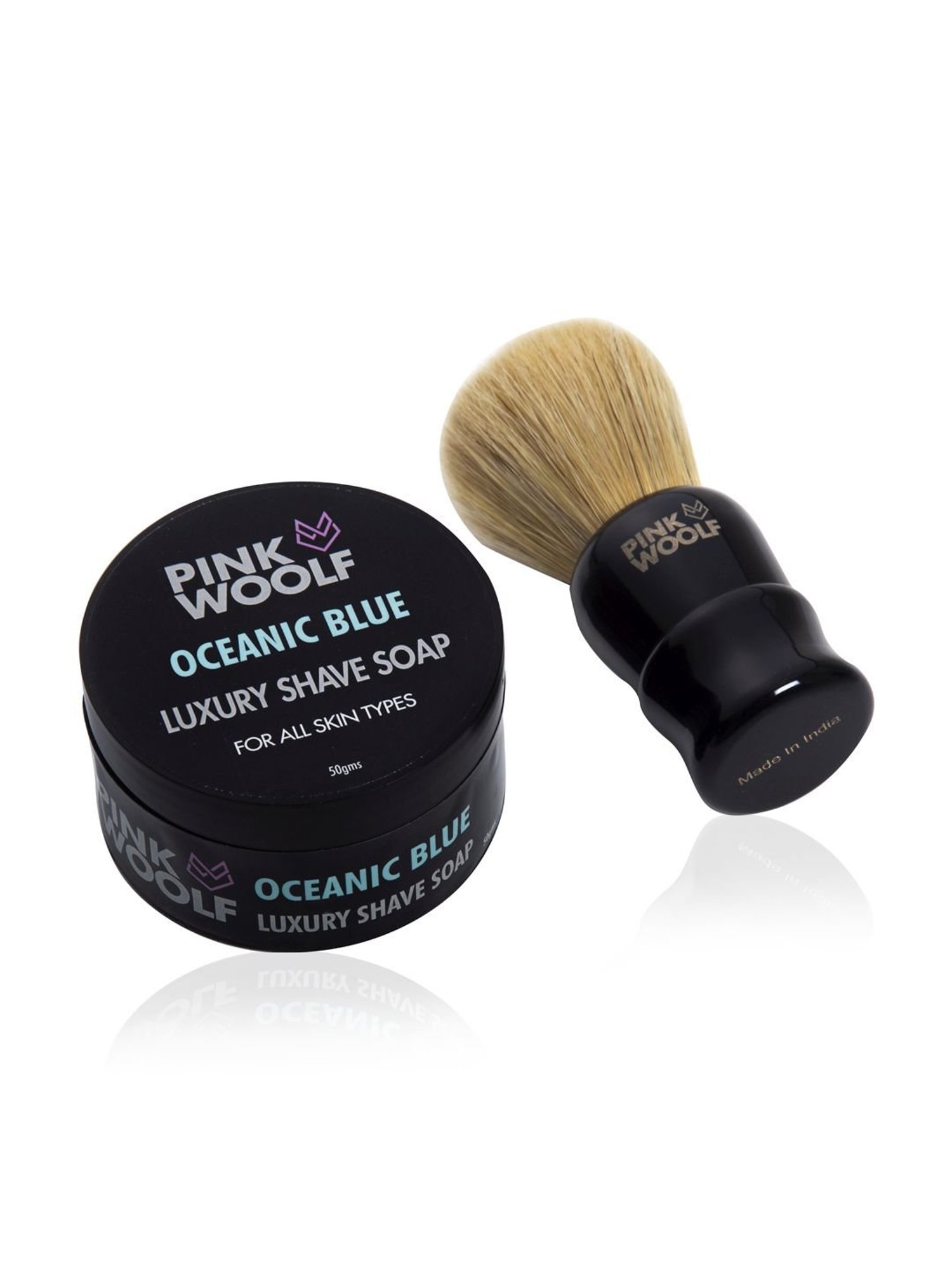 Pink Woolf Boar Hair Shaving Brush & Natural Shaving Soap Combo Oceanic Blue