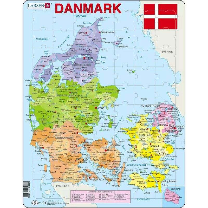 Larsen Puzzles Denmark Map with Animals Kids Jigsaw Puzzle - 70pc