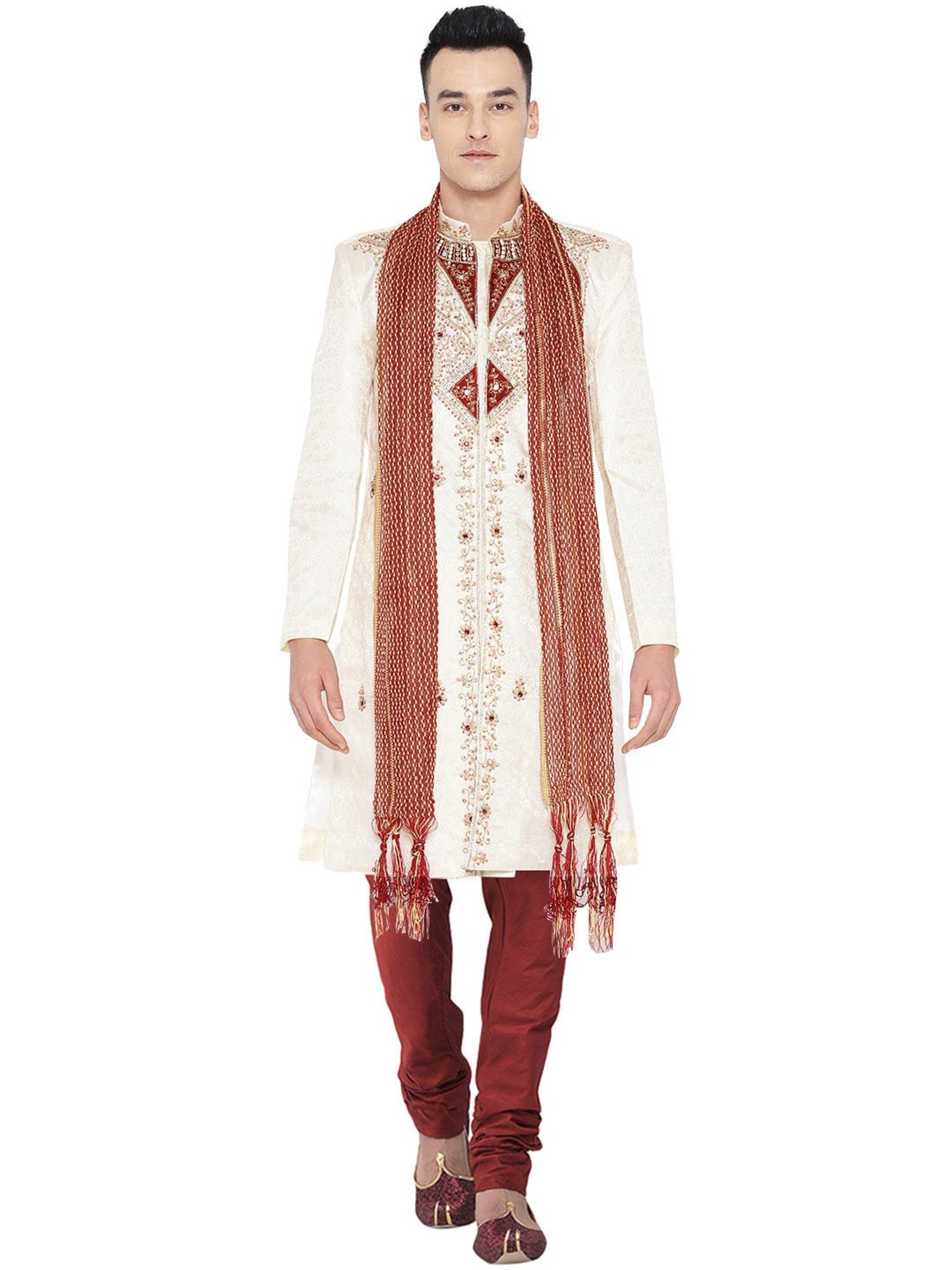 SG LEMAN Cream Regular Fit Embellished Sherwani Set
