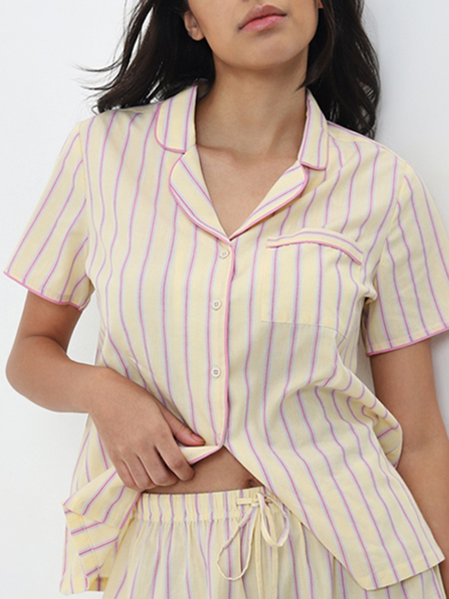 Wunderlove by Westside Light Yellow Cotton Shirt & High-Rise Shorts Set