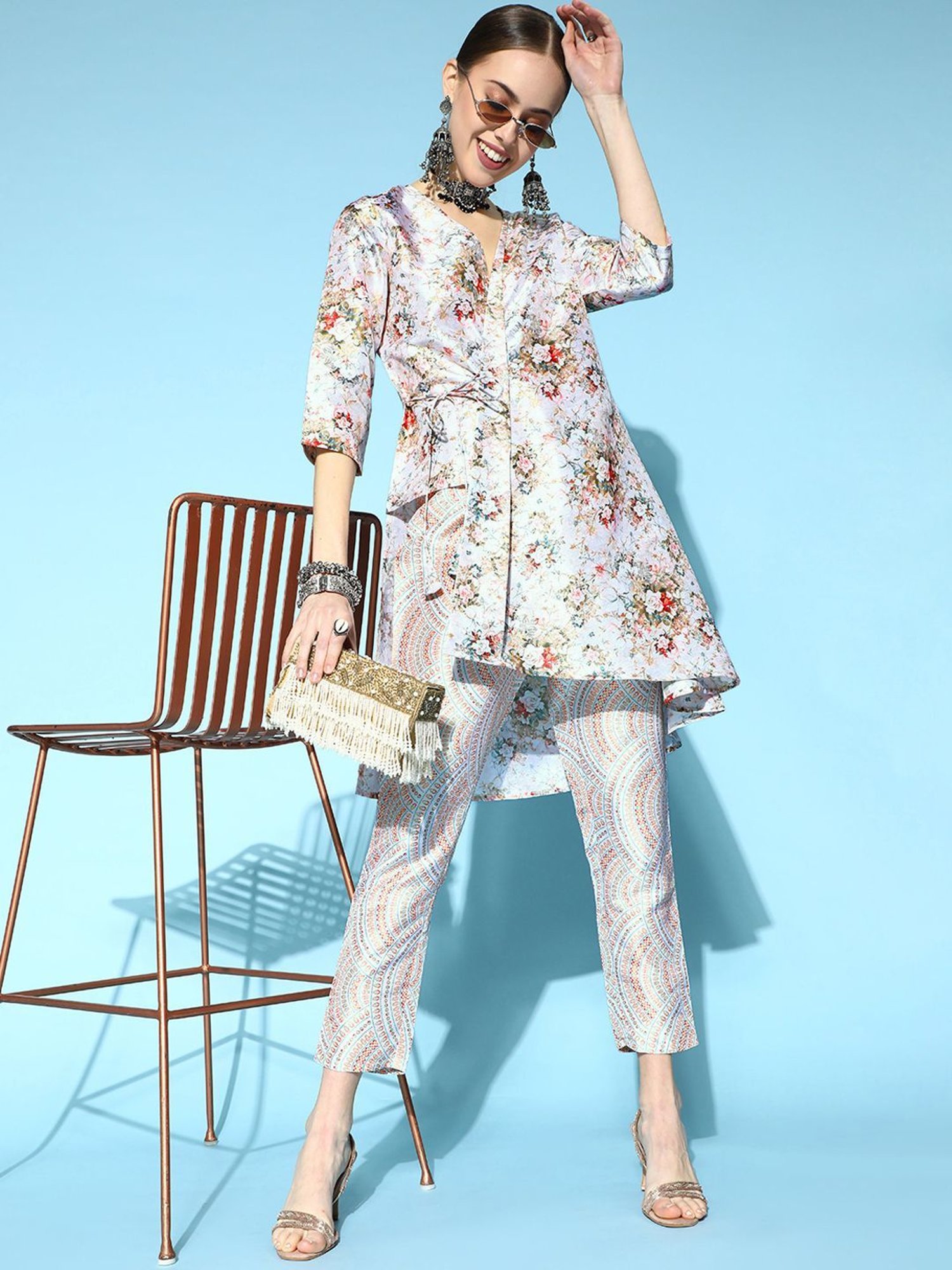 Ziyaa Blue Floral Print Kurti Pant Set