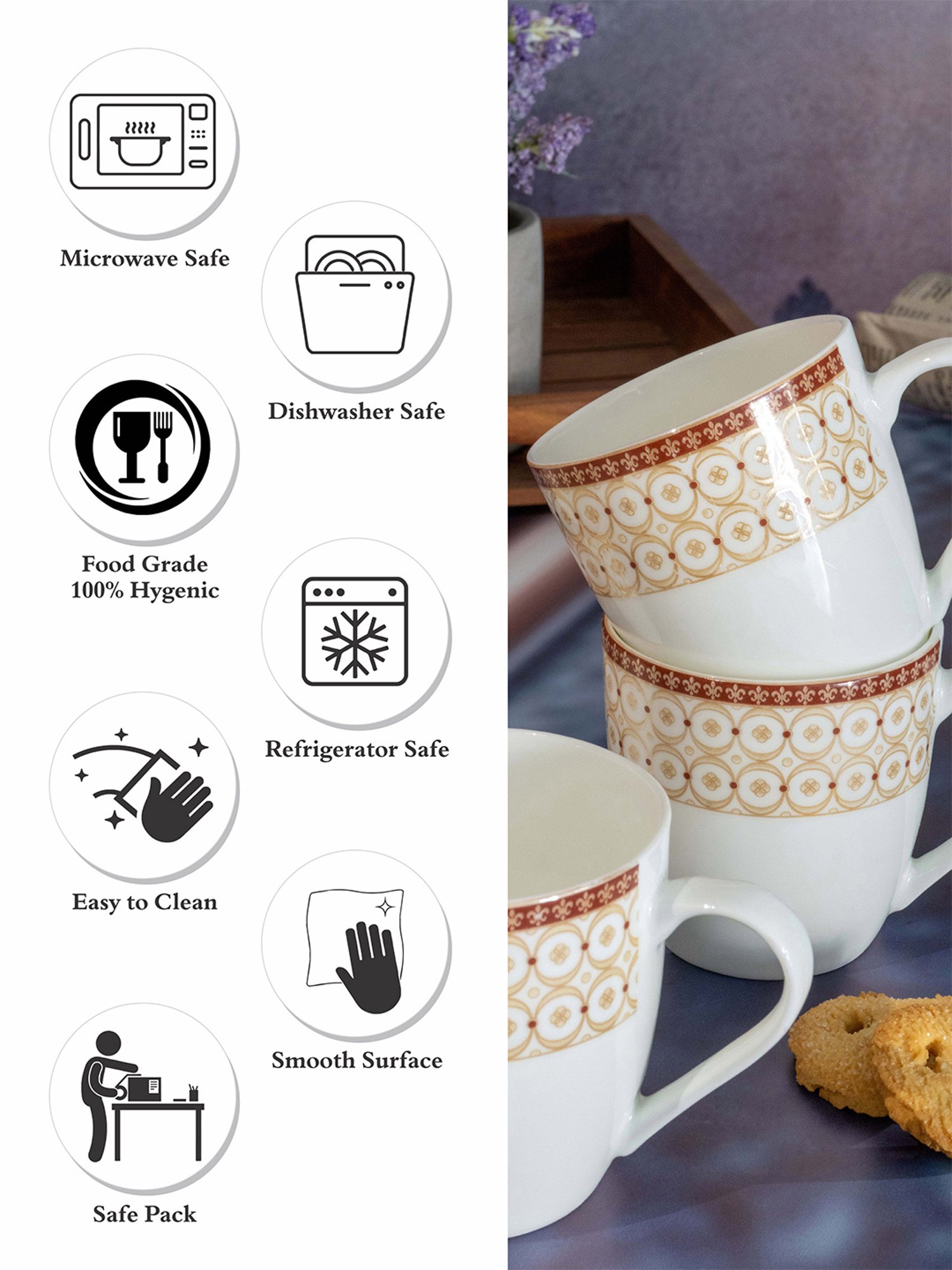 SONAKI Printed White Bone China Coffee Mug - Set of 6 (180ml)