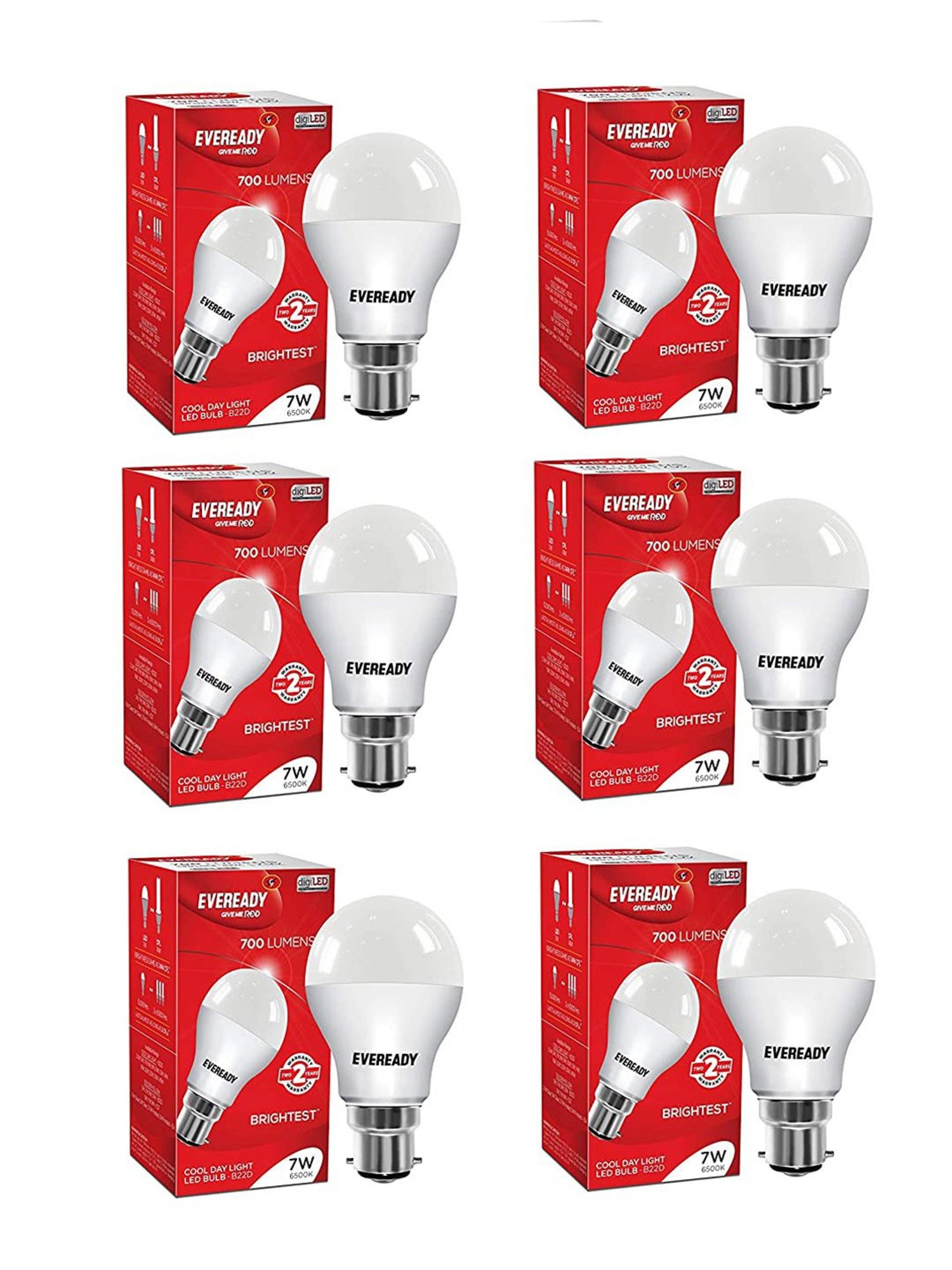 Eveready B22D 7W LED Bulb - Pack of 6 (8901691018003, White)