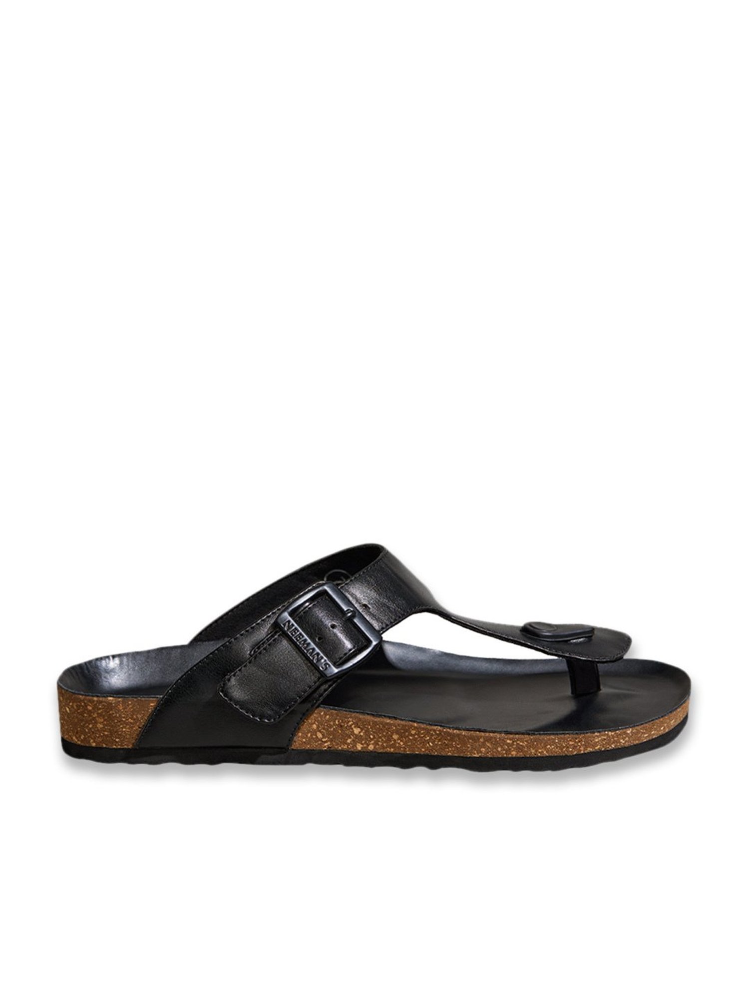 Neemans Men's Cork Black T-Strap Sandals