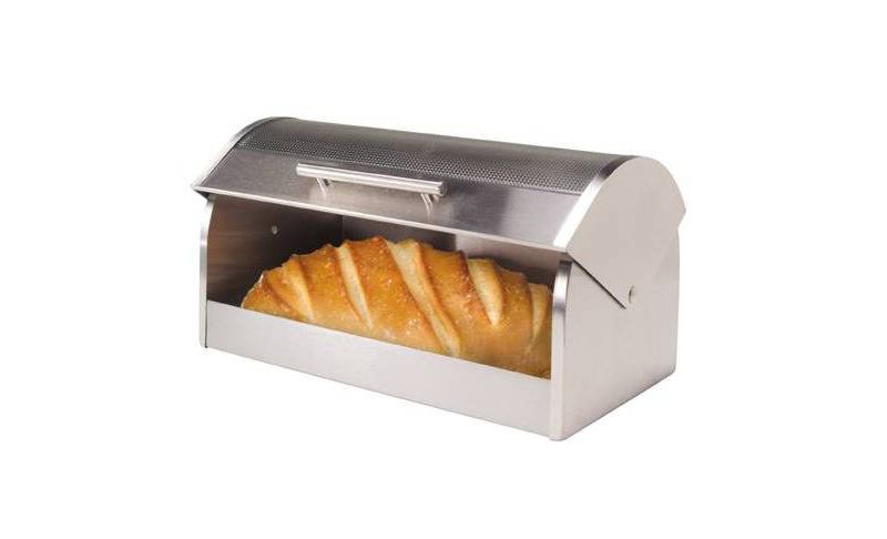 Oggi Stainless Steel Breadbox with Tempered Glass Roll Top Lid