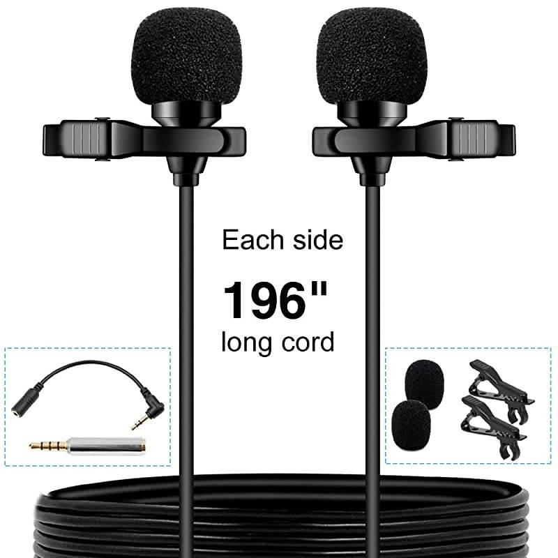 Premium 16 Feet Dual-head Lavalier Microphone, Professional Lapel Clip-on Omnidirectional Condenser Mic for Apple iPhone,Android,PC,Recording Youtube,Interview,Video Conference,Podcast