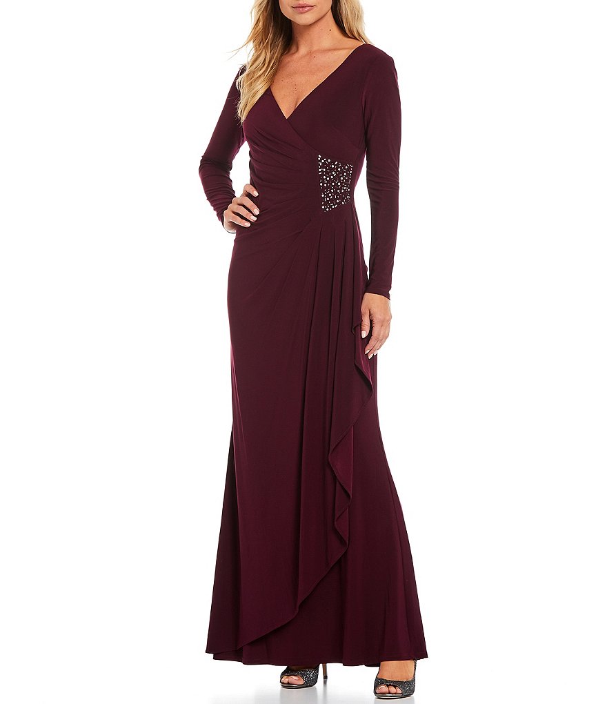 Jessica Howard Deep Surplice V-Neck Long Sleeve Ruched Waist Cascading Ruffle Beaded Gown