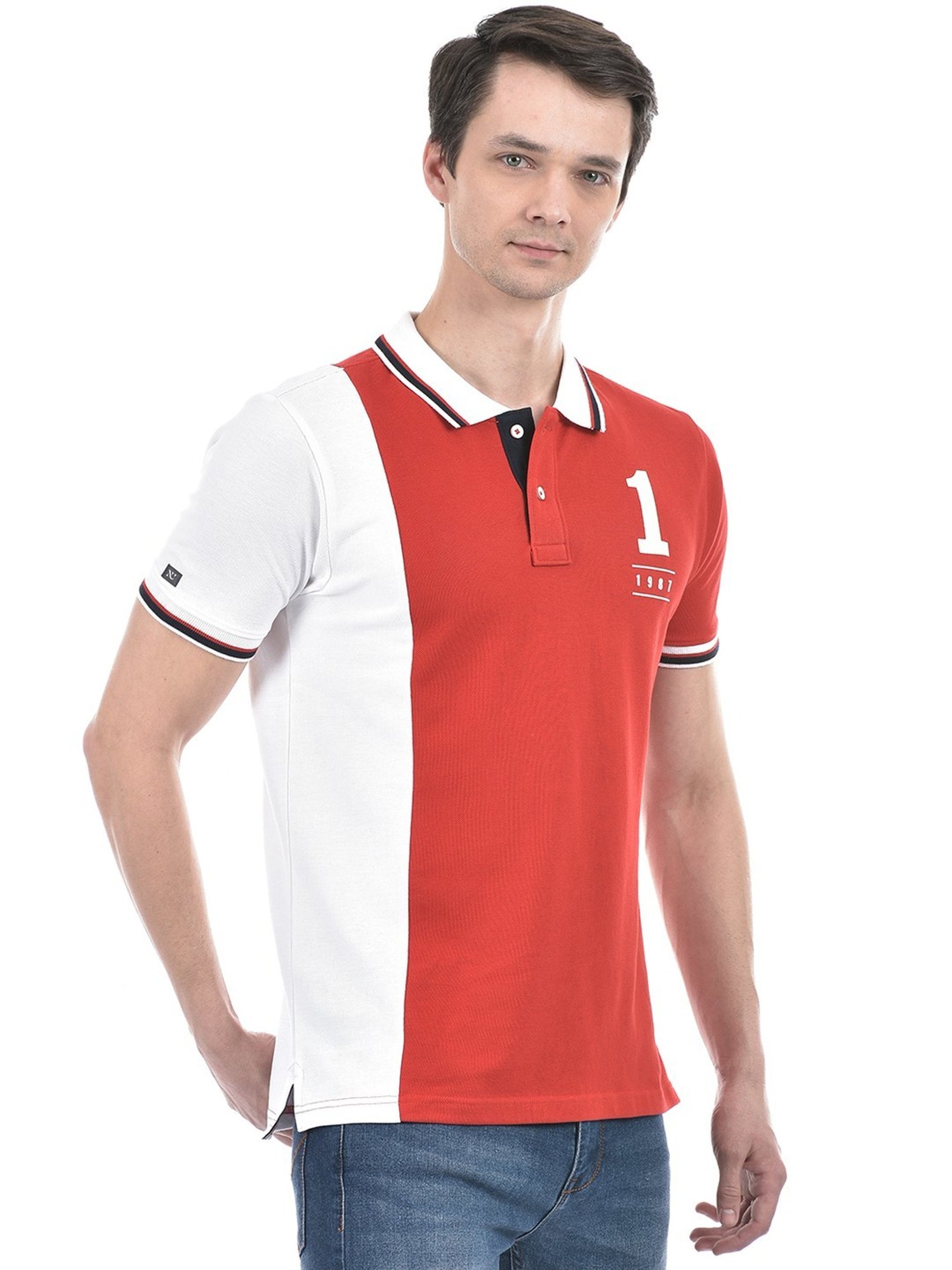 Numero Uno Red Cotton Regular Fit Colour Block Polo T-Shirt