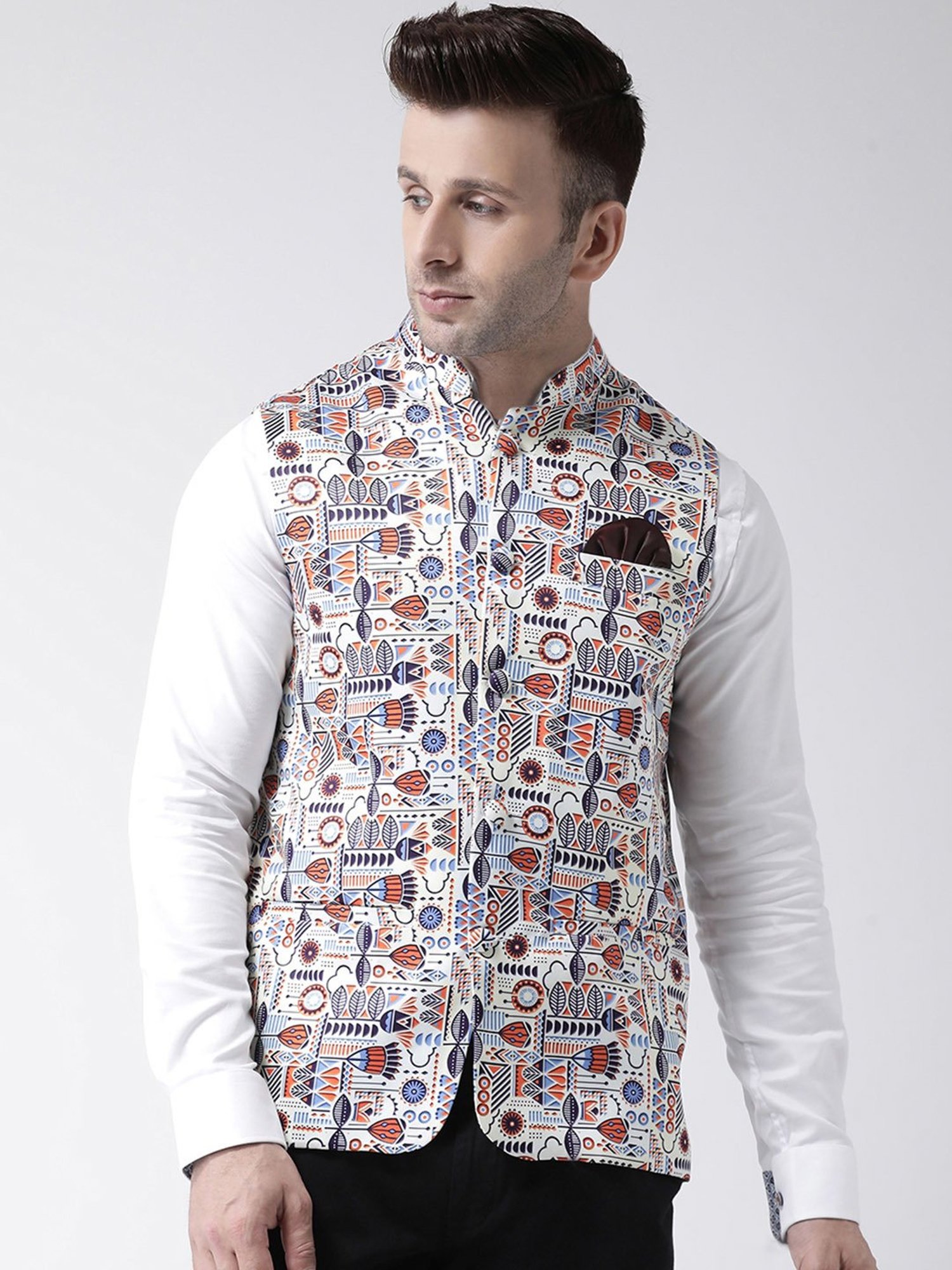 Hangup Plus White Regular Fit Printed Nehru Jacket
