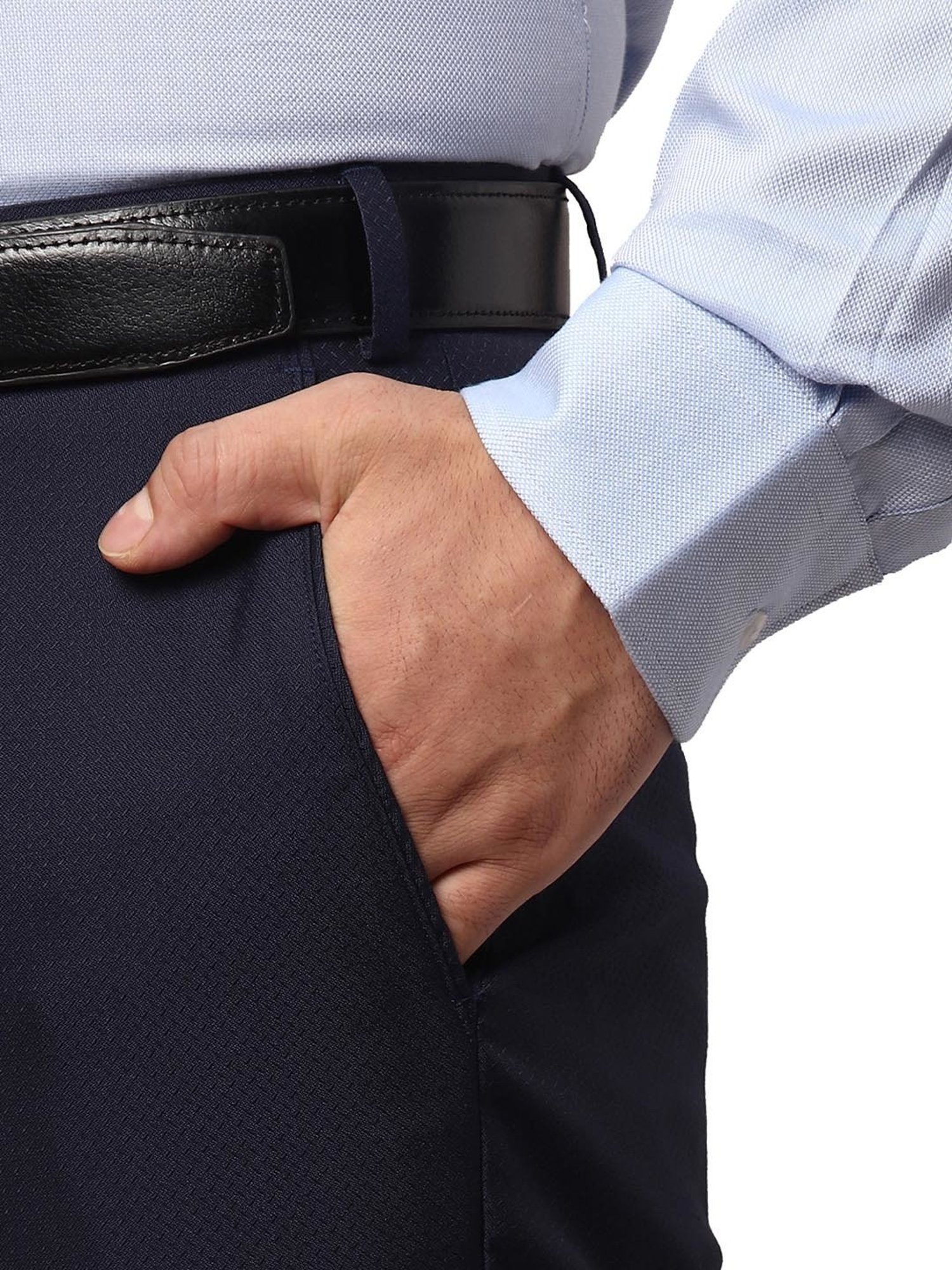 Park Avenue Navy Slim Fit Self Design Flat Front Trousers