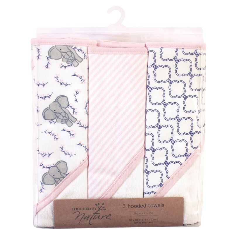Touched by Nature Baby Girl Organic Cotton Hooded Towels, Pink Elephant, One Size