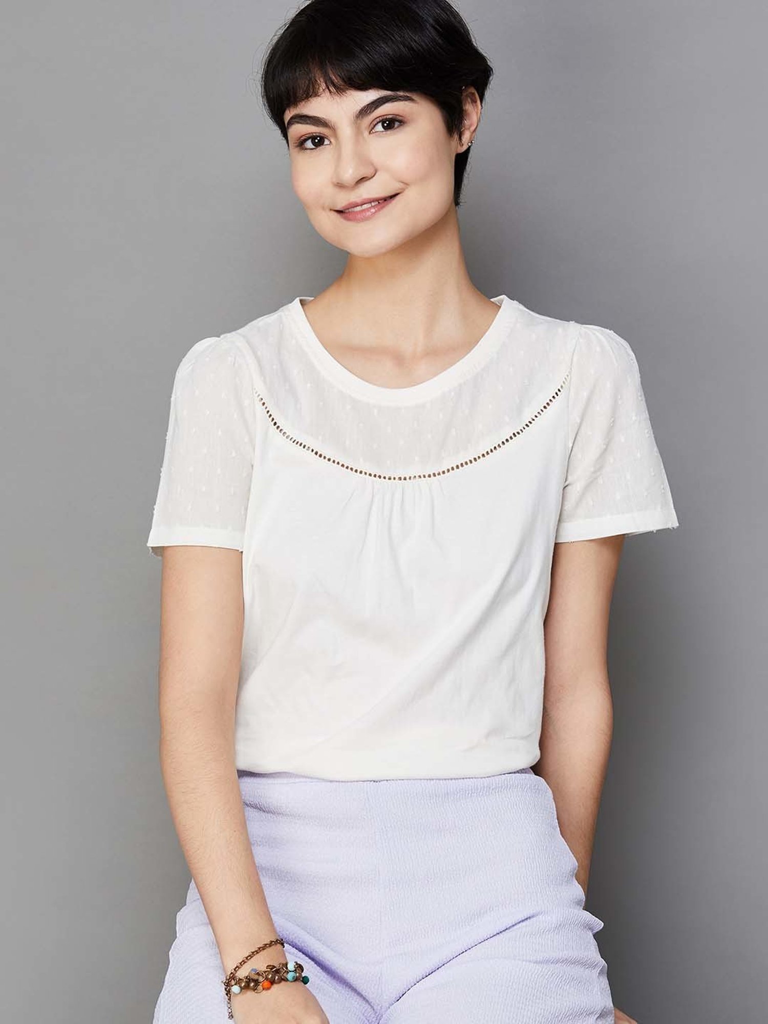 Fame Forever by Lifestyle White Cotton Self Pattern Top