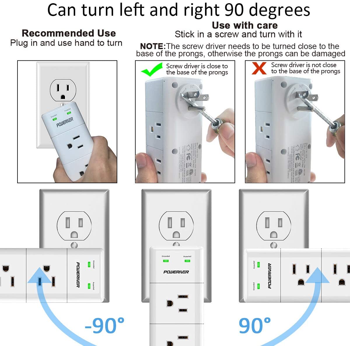 Surge Protector Wall Mount , Outlet Splitter with Rotating Plug, Power Strip with 6 Outlet Extender (3 Side) and 3 USB Ports, 1680 Joules, for Home/School/Office/Travel, White