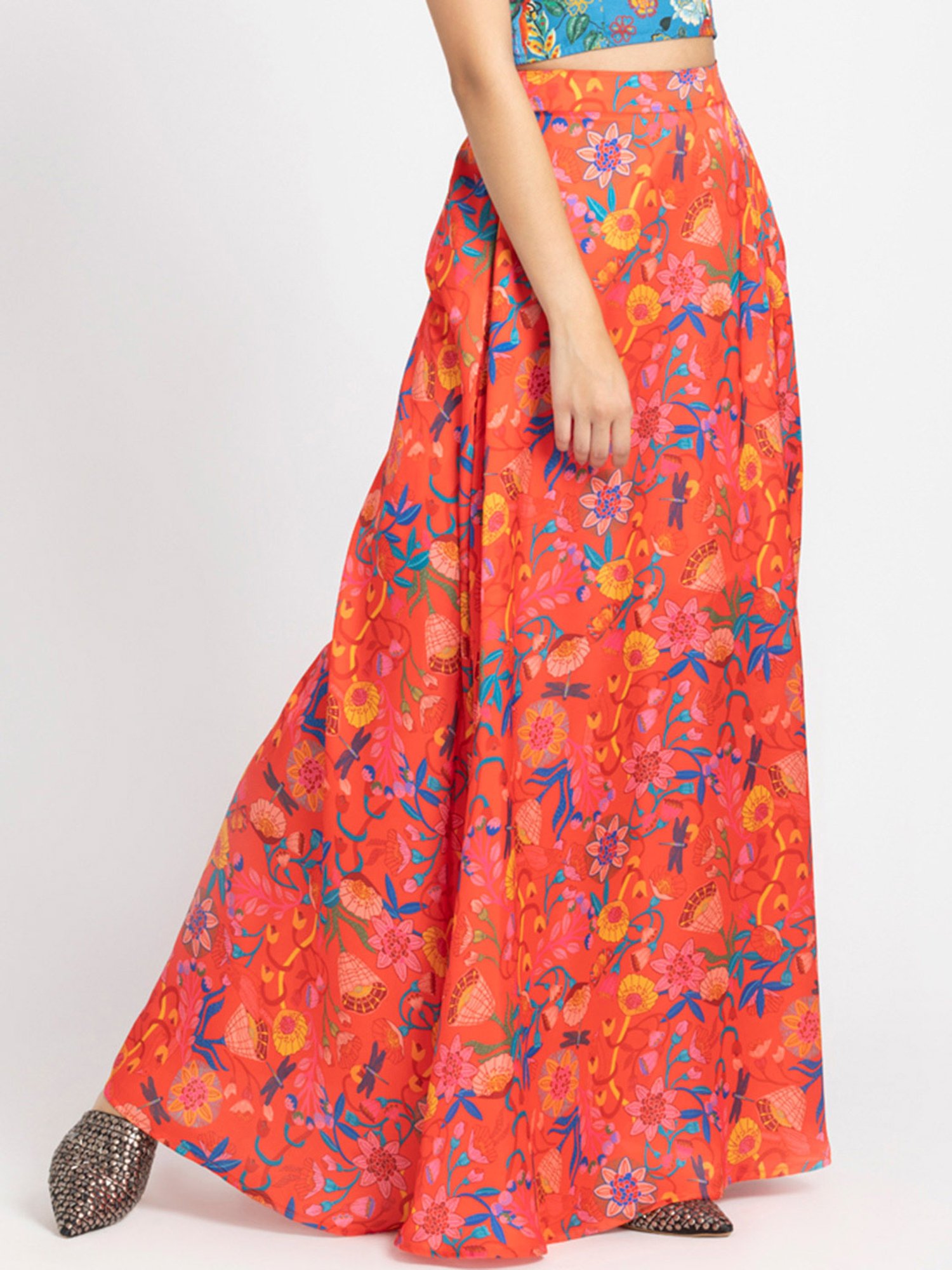SHAYE Orange Floral Print Maxi Skirt
