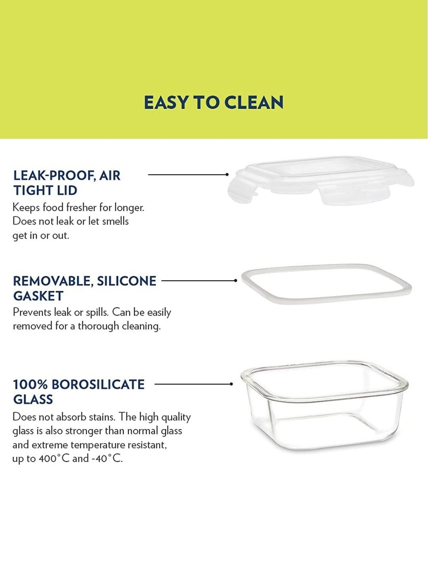 Borosil Ace Square Glass Lunch Box with Lunch Bag Set of 3 (Green, 320 ml)