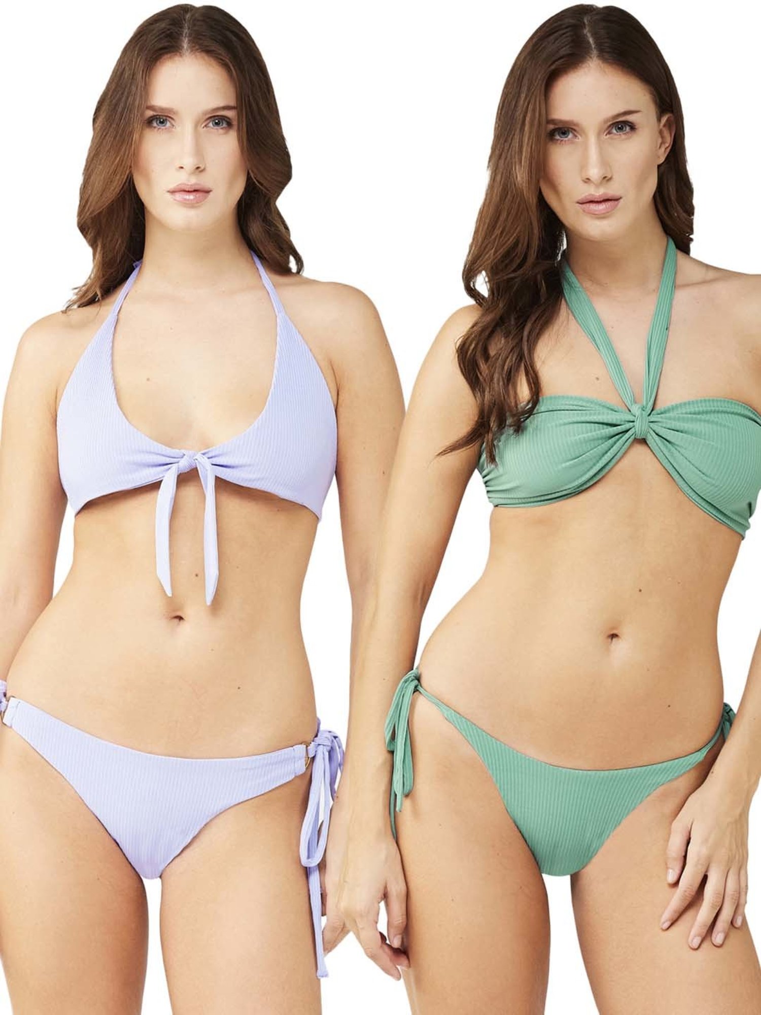 Secrets By ZeroKaata Blue & Green Plain Swimwear Bra Panty Set - Pack Of 2