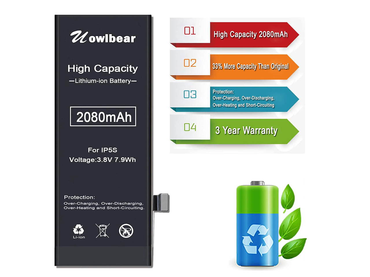 uowlbear 2080mAh Battery for iPhone 5s A1453 A1457 A1518 A1528 A1530 A1533 and iPhone 5c A1456 A1507 A1516 A1529 A1532 with Complete Replacement Kits 0 Cycle -High Capacity